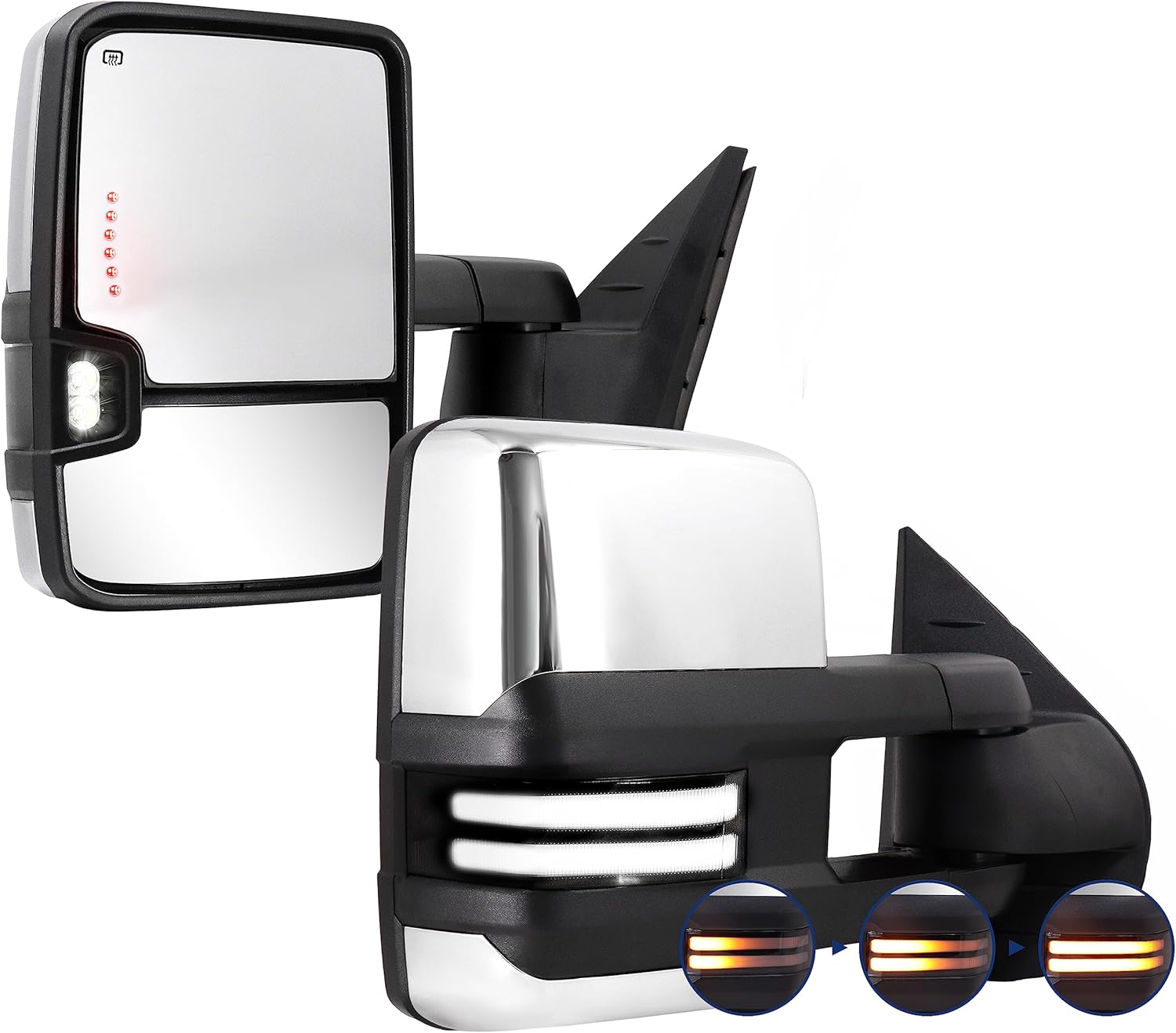 Switchback Towing Mirror, for 2007-2014 Chevy Silverado GMC Sierra Tow Mirrors with Power Adjusted Heated Glass Running Light Turn Signal Light Backup Lamp, Chrome