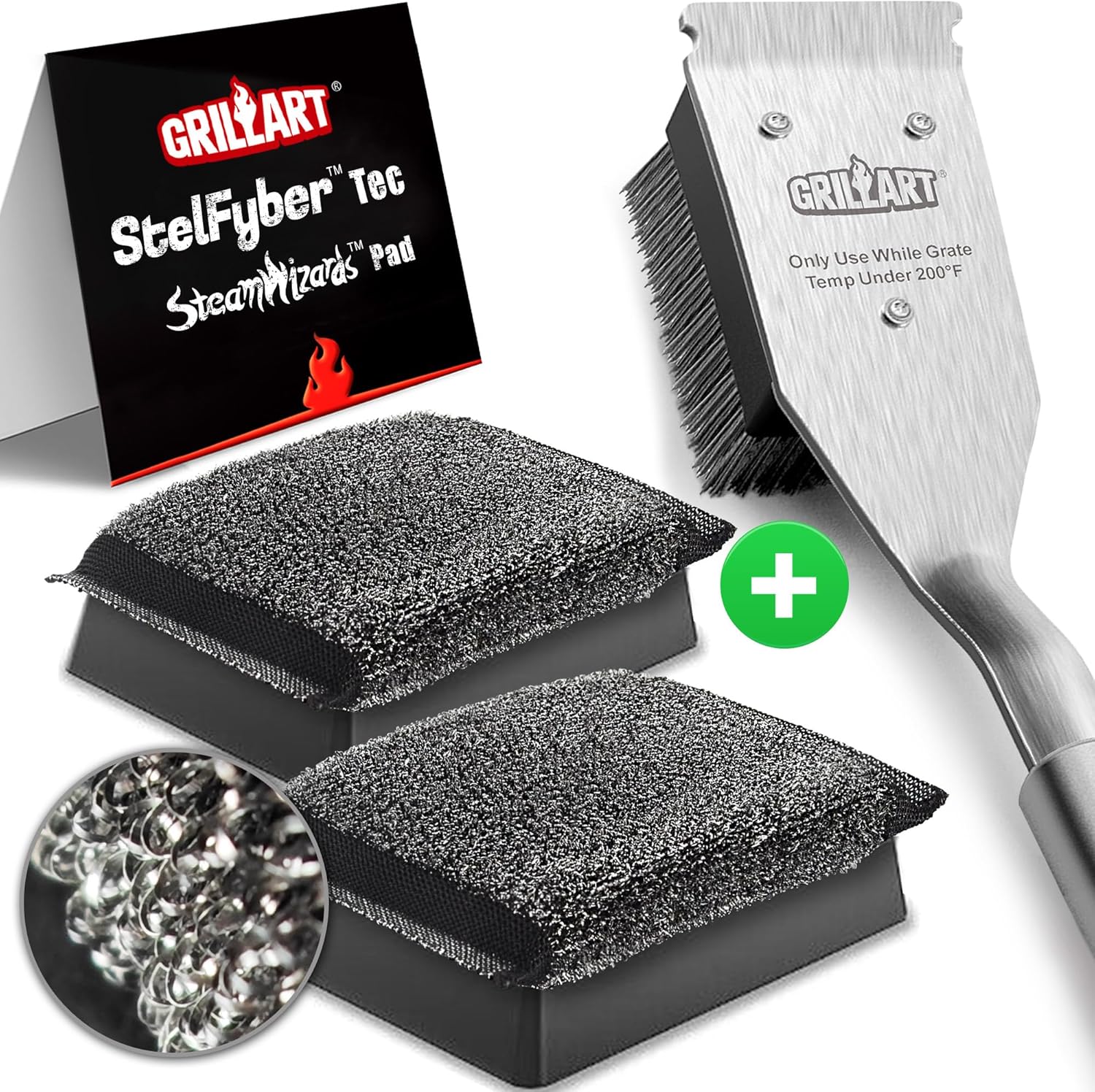 GRILLART Steamwizards Replacement pad-2pcs Bundle with Wire Grill Brush