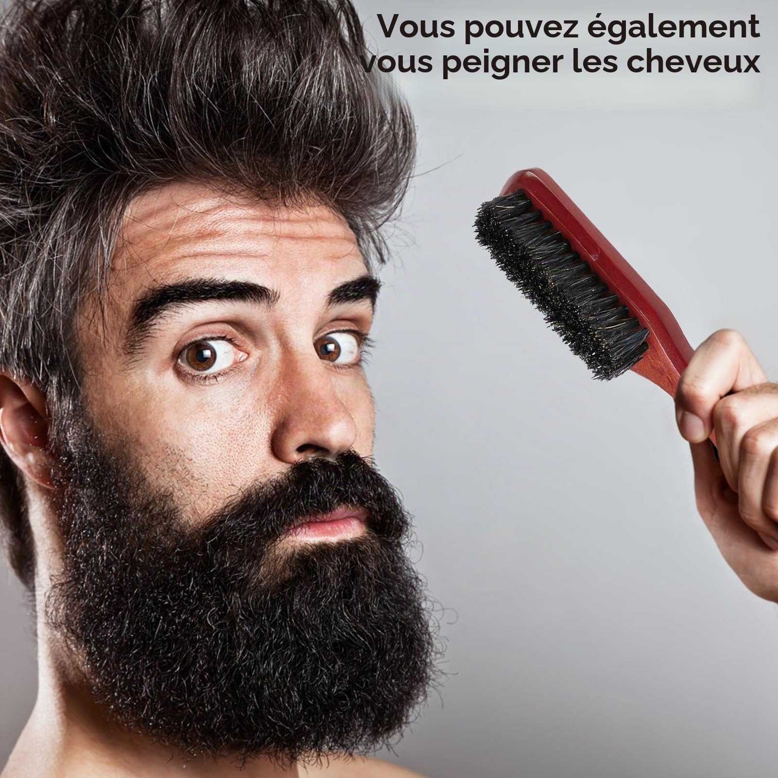 Brosse à cheveux et brosse à barbe en sanglier avec poils 100 % sanglier pour homme - Kit de soin de la barbe pour homme - Poils naturels pour cheveux fins et fins - Manche en bois de poire