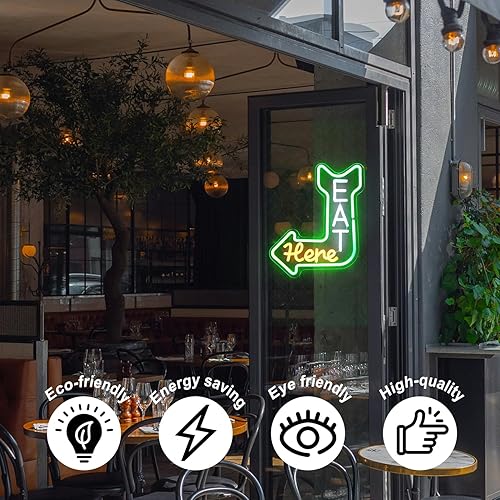 Miniatura 4 de Letrero de neón con texto en inglés "Eat Here", para decoración de pared con orientación de flecha, verde, naranja, blanco, para comer, regulable,