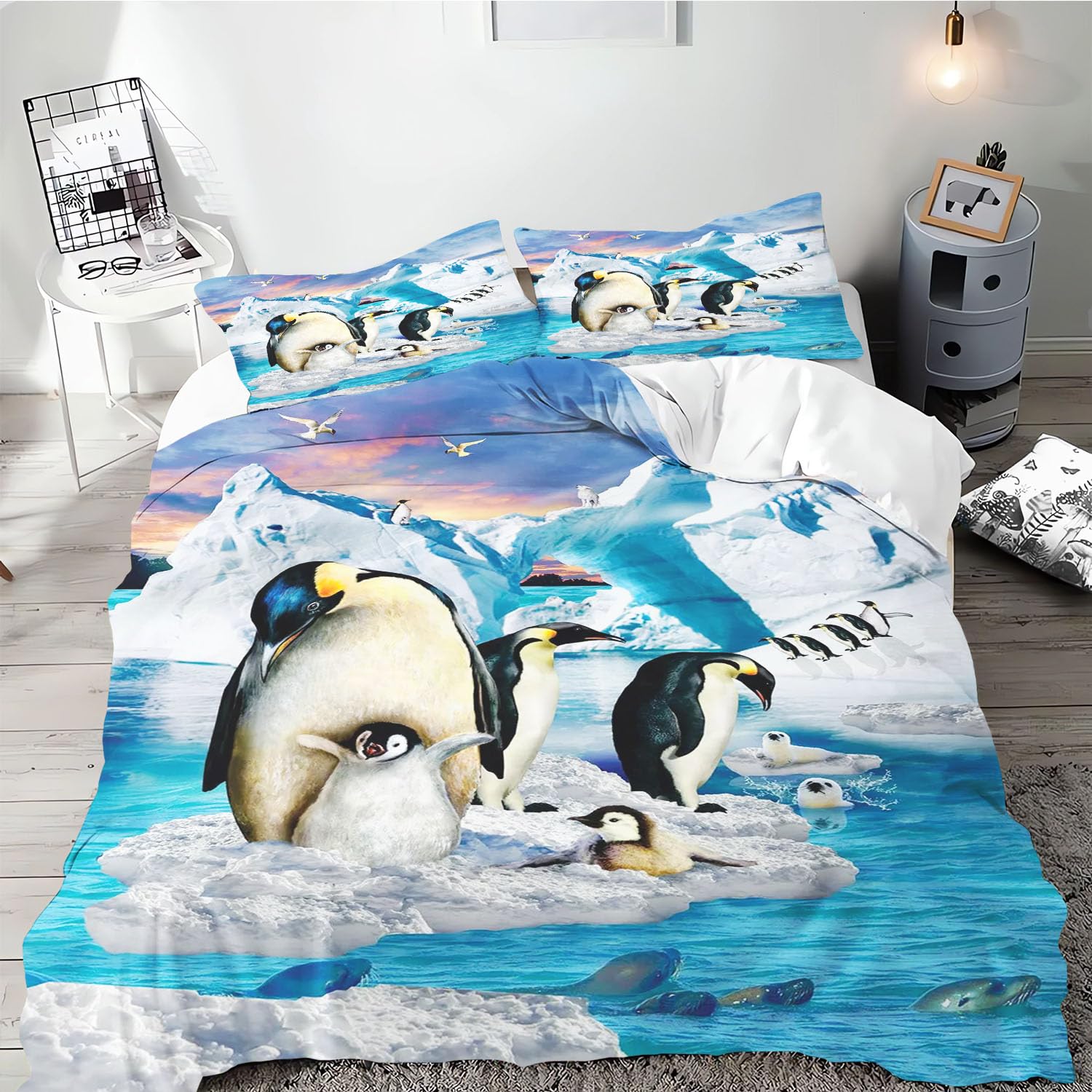 Kinderbettwäsche 135x200 Cm Mit Pinguin-Muster – 3-teilig, Mikrofaser, Reißverschluss, Waschbar
