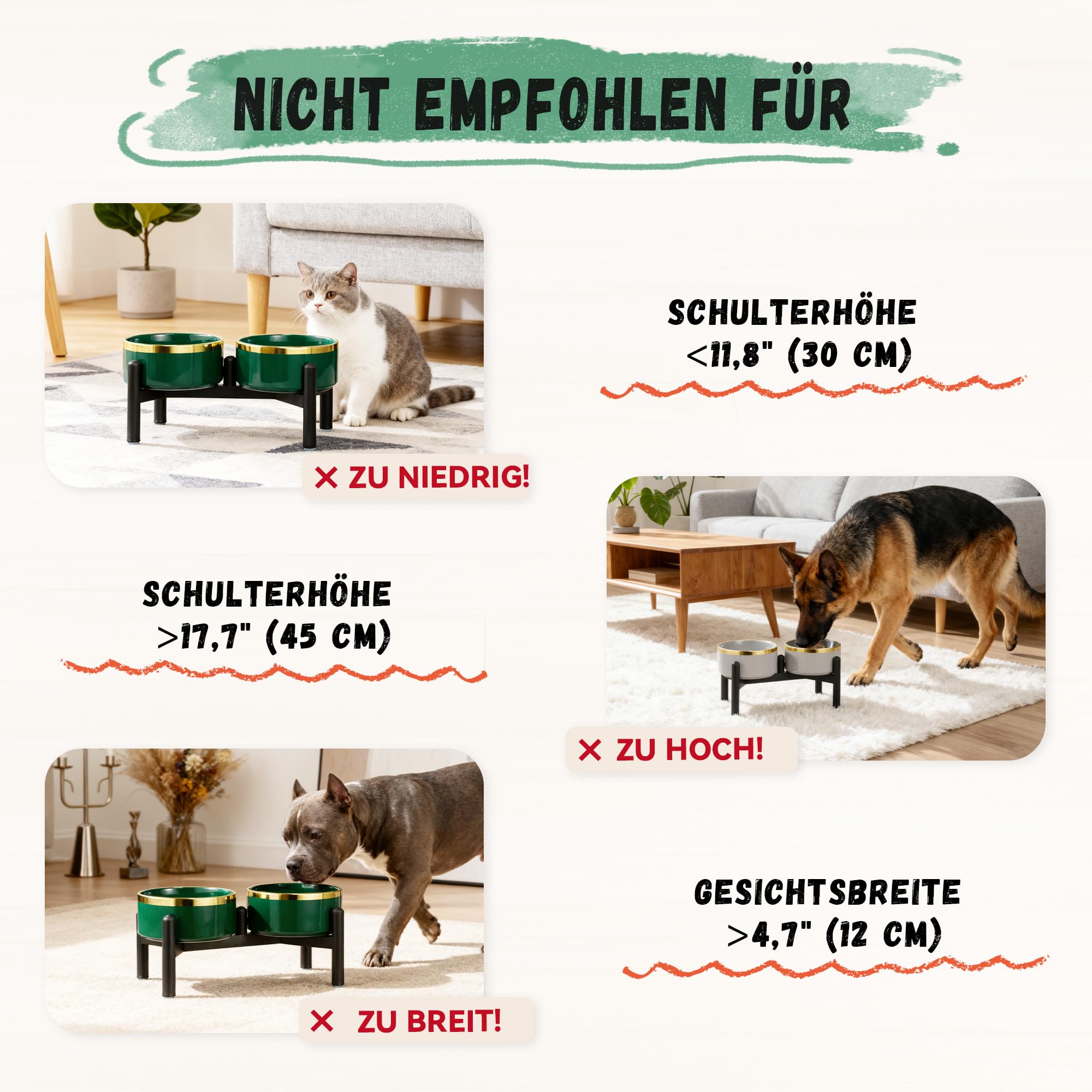 Keramik Hundenapf Erhöht mit Edelstahl-Ständer - Doppelnapf Futterstation für Kleine und Mittelgroße Hunde - rutschfest Hund Napf Set für Futter und Wasser - 350g / 660ml - 15cm - Gruen
