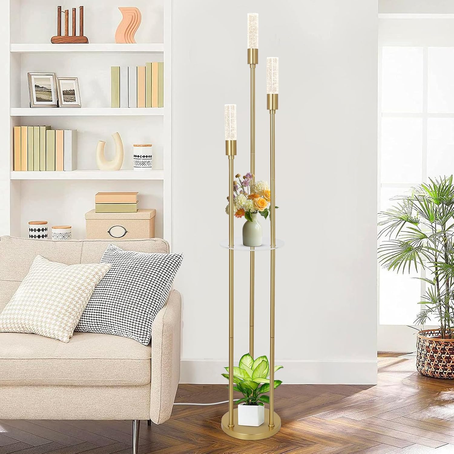 Modern Gold Floor Lamps for Living Room, Bubble Crystal Floor Lamp with Shelves, Built-in LED Lights, Brass Standing Lamps with Foot Switch, Corner Tall Floor Lamp for Bedroom, House Decor