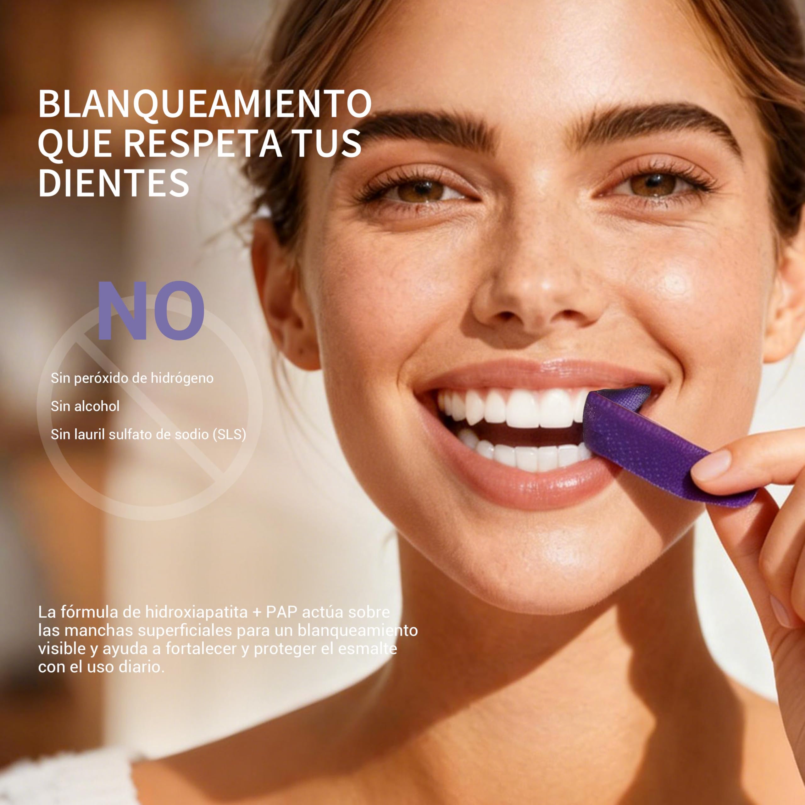 CEELIKE Tiras blanqueadoras moradas para dientes - Fórmula con PAP + nHAP - Tecnología correctora de color violeta - 14 tiras (7 usos) - Aptas para dientes sensibles — view 4