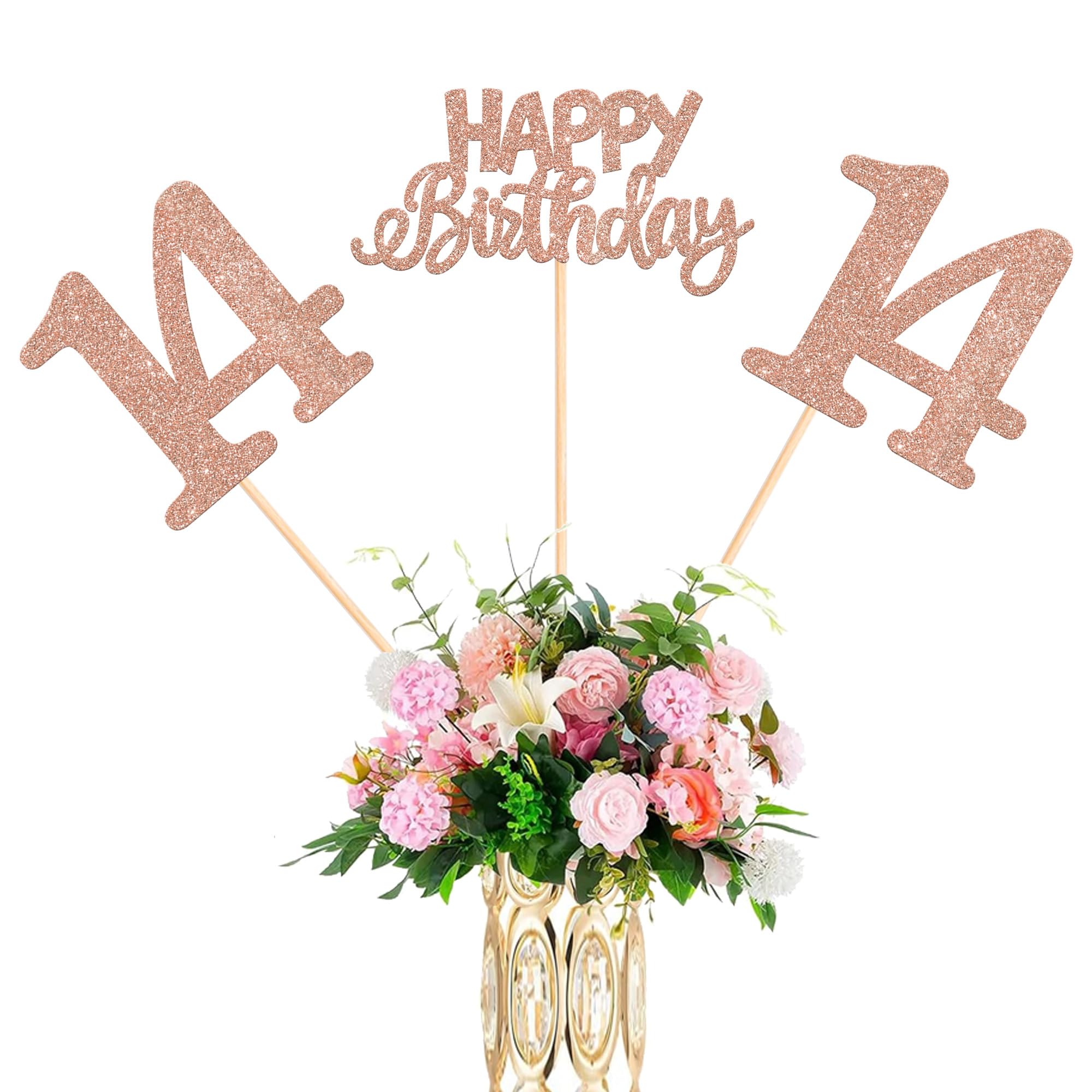 SYKYCTCY 12 Pack Happy 14th Centerpiece Sticks Glitter Number 14 Fourteen Table Flower Centerpiece Sticks for Cheers to 14 Years Old Party Supplies