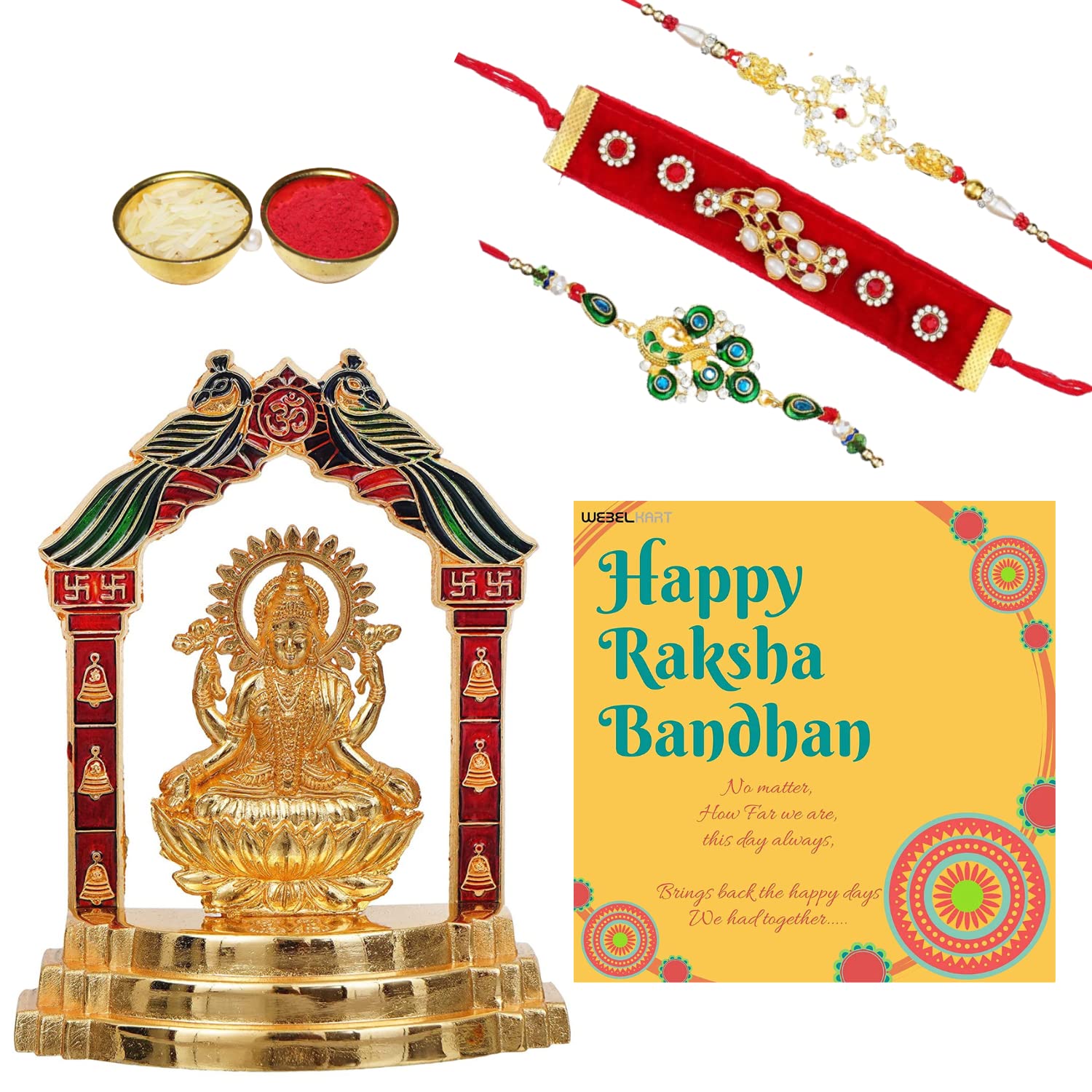 Webelkart Premium Combo of 3 Designer Rakhi for Brother and Bhabhi and Kids, 1 Greeting Card and Roli Chawal Pack with Lord Laxmi Ji Idol Statue
