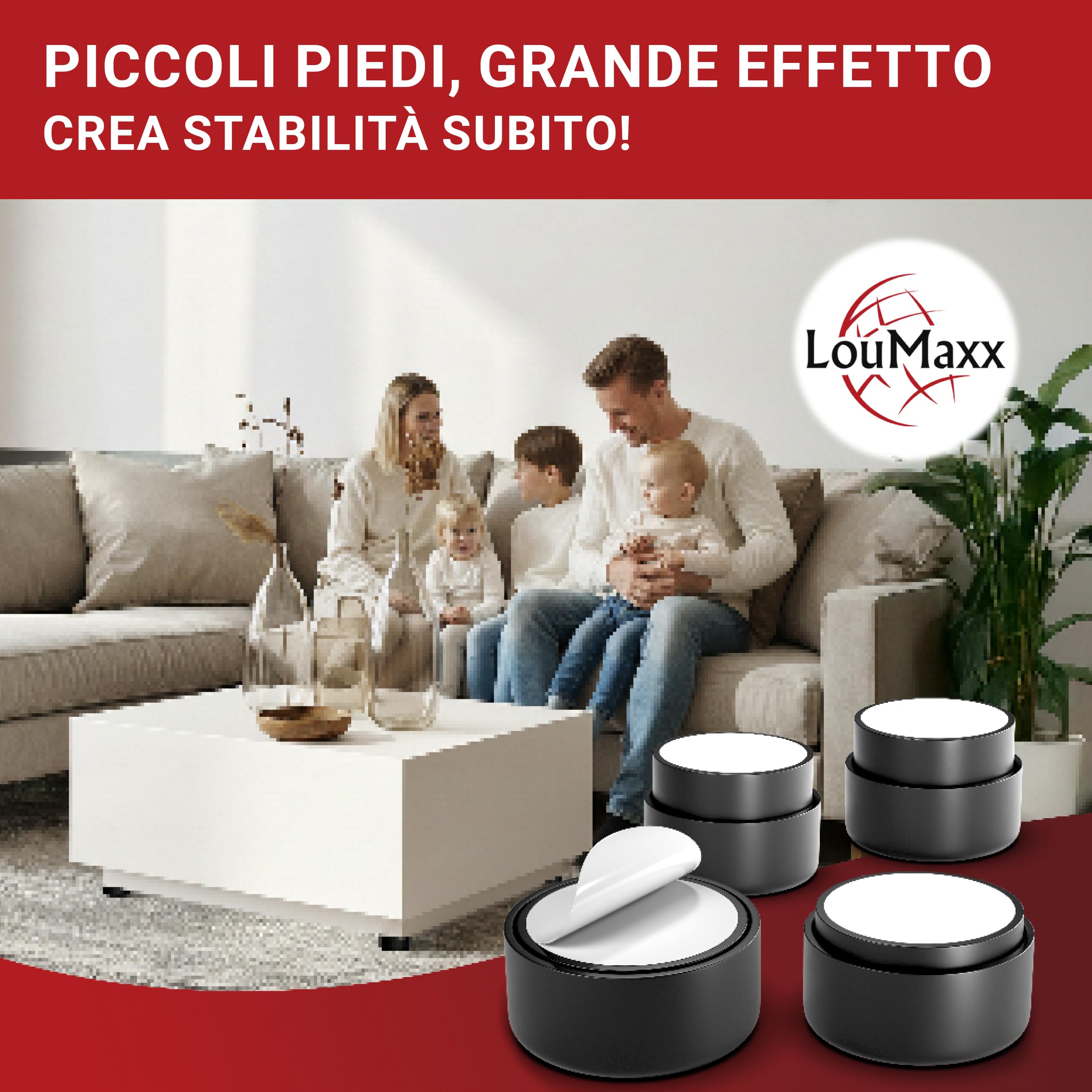 LouMaxx Piedini per Mobili Adesivi Regolabili Ø 53,5 mm – Piedini Mobili Neri Altezza Regolabile – Rialzi per Mobili con Materiale di Montaggio – Set da 4
