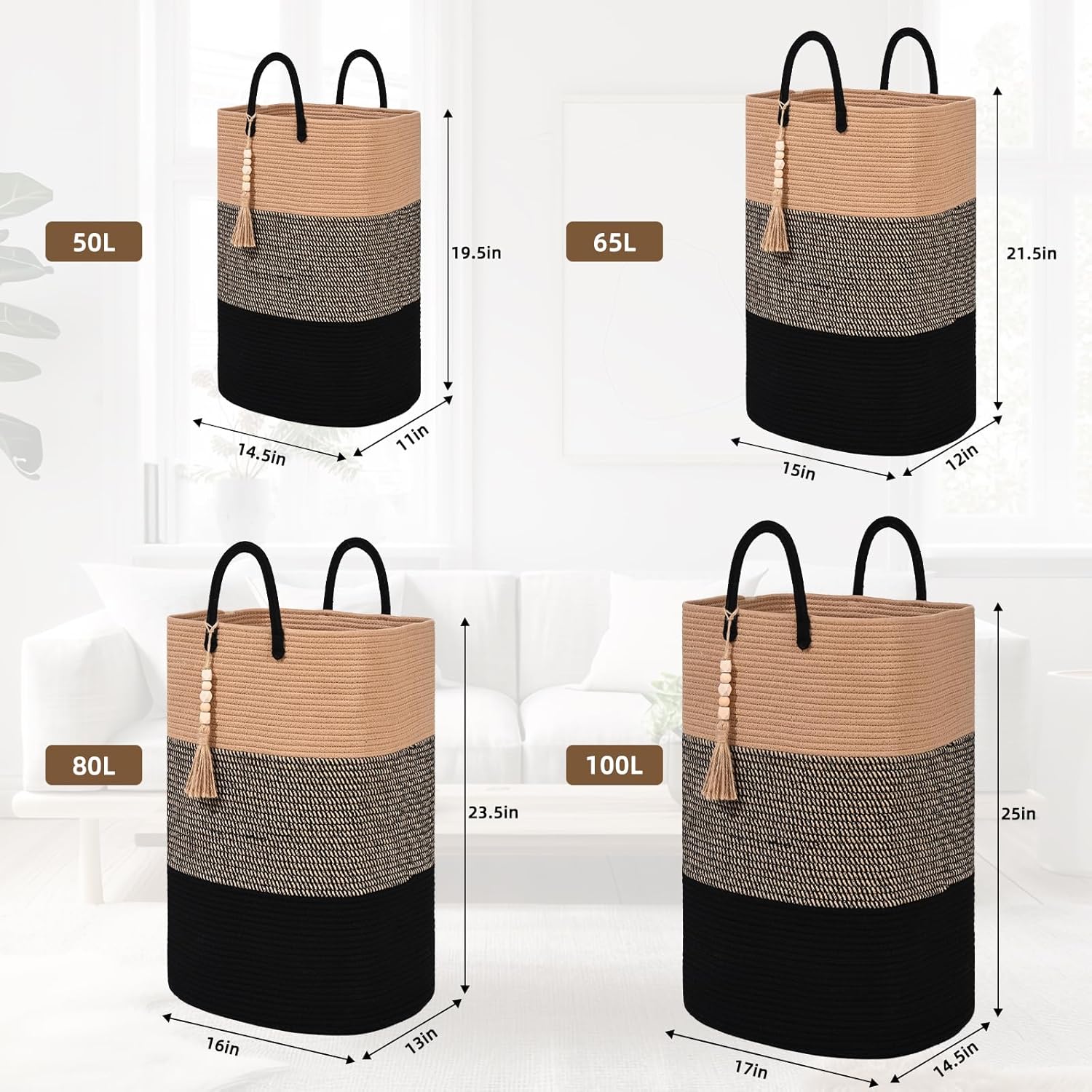 Woven Laundry Basket for Clothes, 100 L Large Rectangle Laundry Hampers, Nursery Storage Basket for Toys, Tall Dirty Clothes Hamper for Bedroom Aesthetic, Bathroom, Laundry Room