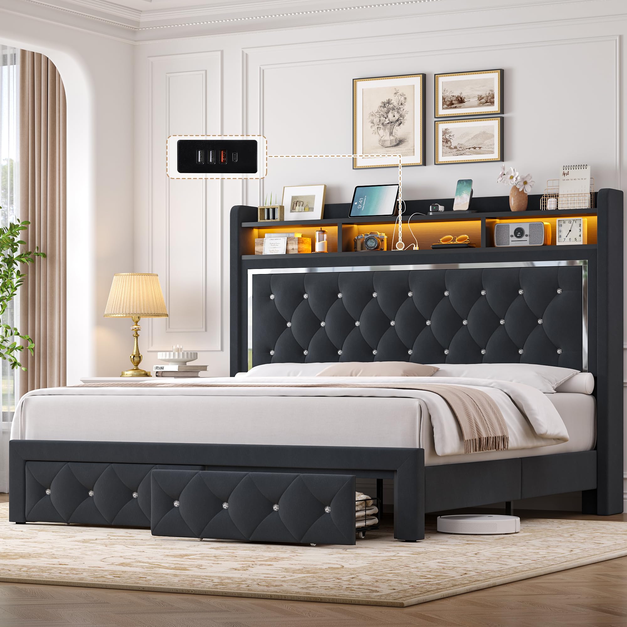 Keyluv Queen Velvet LED Bed Frame