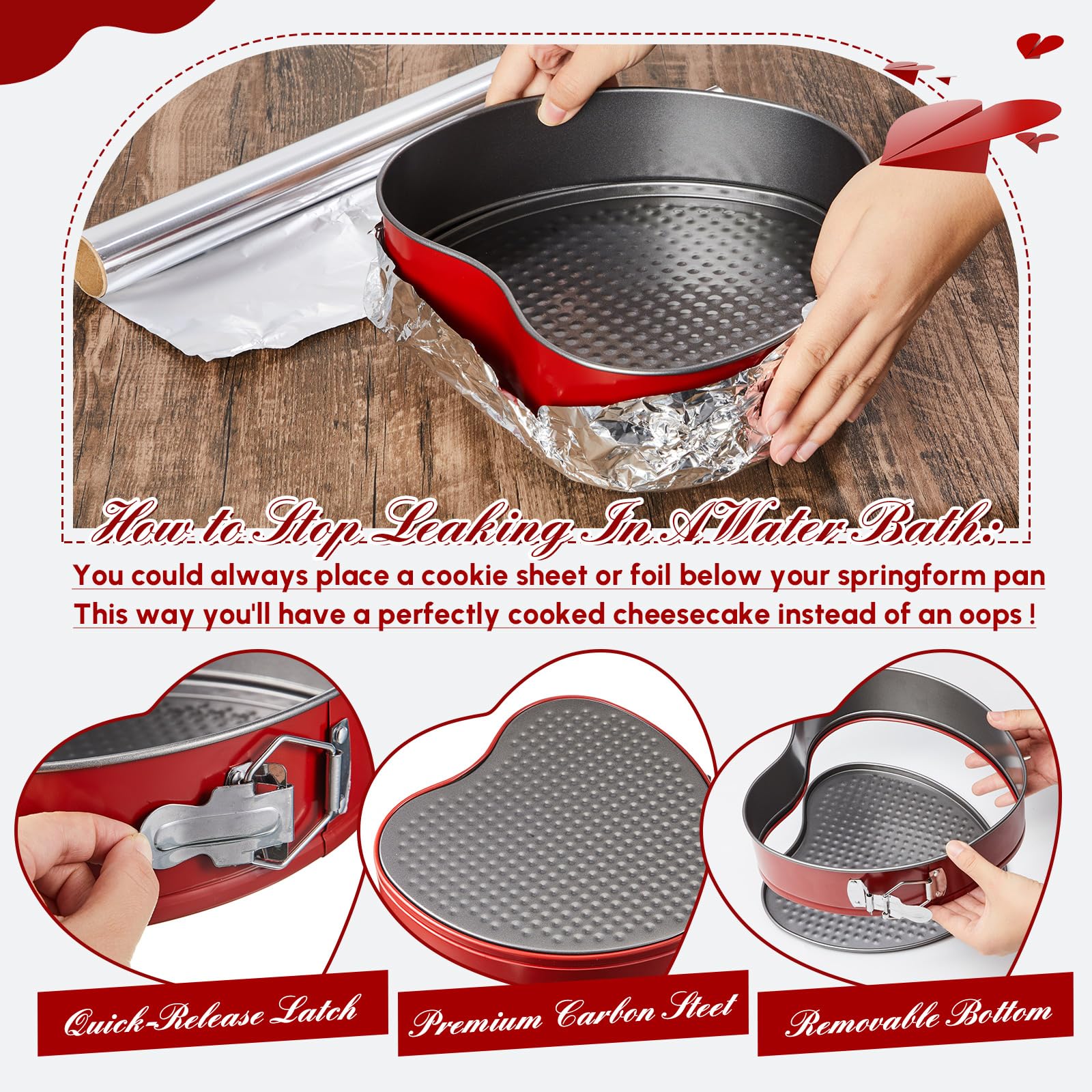 Tioncy Molde desmontable en forma de corazón grande de 9 pulgadas antiadherente para tartas de queso para fiesta de Navidad, fiesta de compromiso y horneado de boda (rojo)