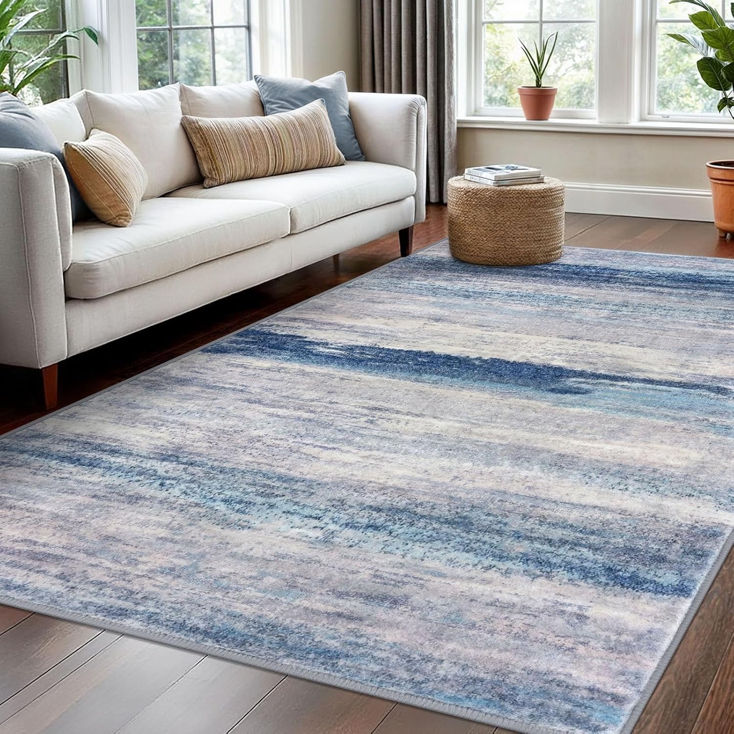 Tapis lavable et anti-tache 120x170 cm style tableau abstrait moderne bleu pour cuisine