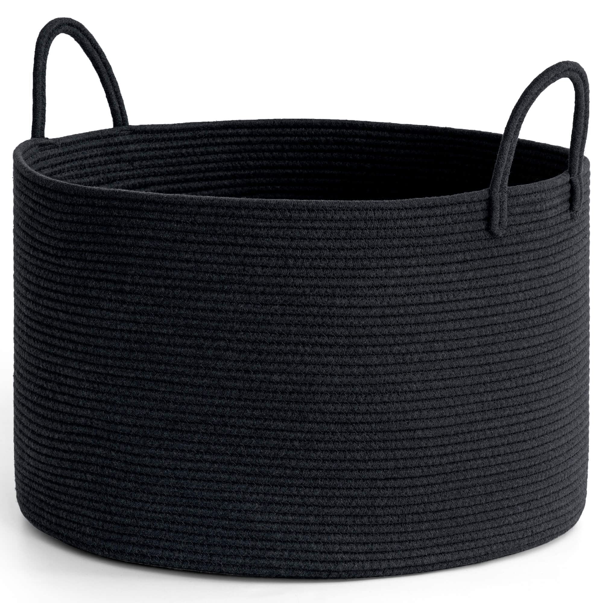 INDRESSME Large Laundry Basket with Handles, Woven Rope Basket for Blankets, Clothes, Toys, Towels, Pillows, Large Storage Bin for Living Room, Bedroom, 21.7 x 13.8 inches,Black