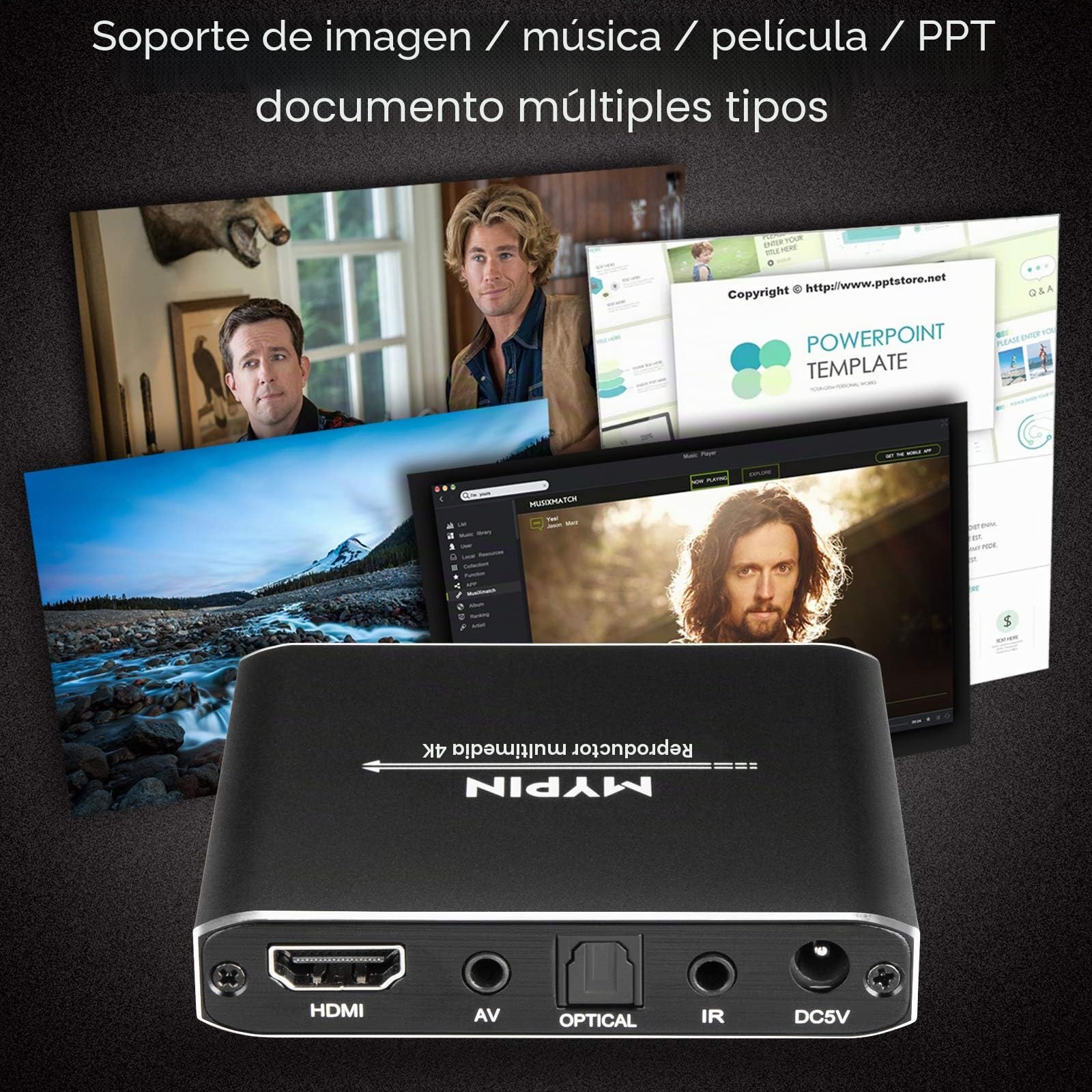 Reproductor Multimedia 4K, MYPIN Media Player con Control Remoto para Disco Duro de 8TB/Unidad USB/Tarjeta TF/H.265 MP4 PPT MKV AVI Admite Salida HDMI/AV/Coaxial-HDMI hasta Sonido Envolvente 7.1