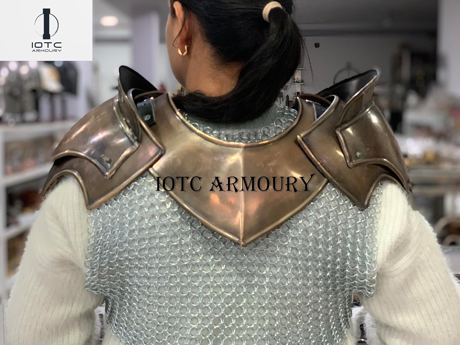 Medieval Brave Lady Armor Chainmail Tasset & Top With Gorget & Pair Of Pauldron-Brass Arm Braces-Female Chainmail Body Armor Suit For LARP, Cosplay Event's, Fantasy & Halloween Party Costume
