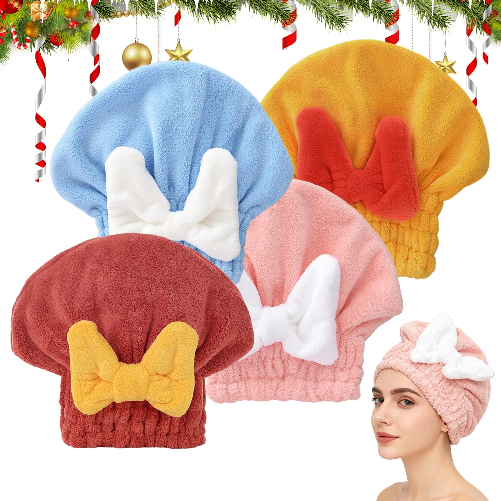 Microfiber Hair Drying Caps, Christmas Absorbent Hair Towel Wrap for Women Wet Hair Quick-Drying Hair Towels, Soft Bow Tie Wet Hair Towel Wrap for Party Favors Goody Bag Filler (4 PCS)