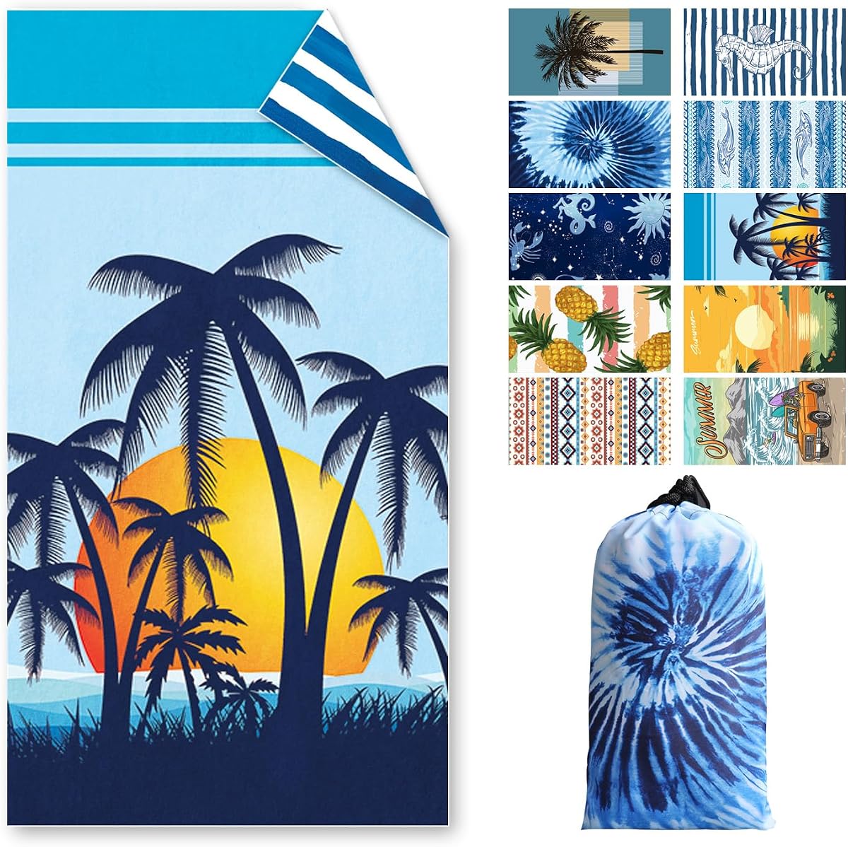 Strandtuch Groß, 180 x 100 cm Doppelseitig Strandhandtuch, Schnell Trocknendes, Weiches, Leichtes, Pflegeleicht, Sandfreies Microfaser Handtücher für Reise Urlaub Schwimmen Camping, m it Tasche