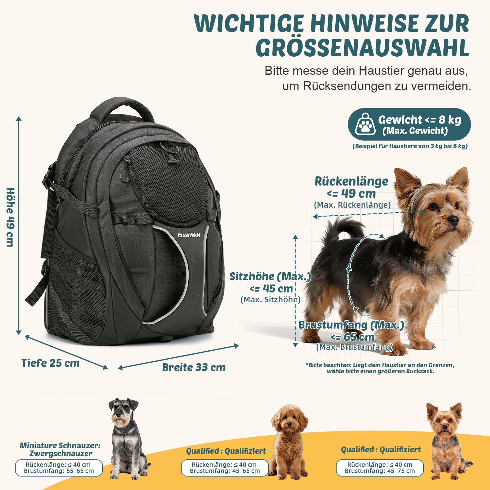 Hunderucksack Wandern bis 8KG, Ergonomischer Katzenrucksack mit Laptopfach & Bequemes Sitzkissen, belüfteter 600D-Nylon-Rucksack mit Verstärkung für Spaziergänge, Camping & Pendeln, Schwarz