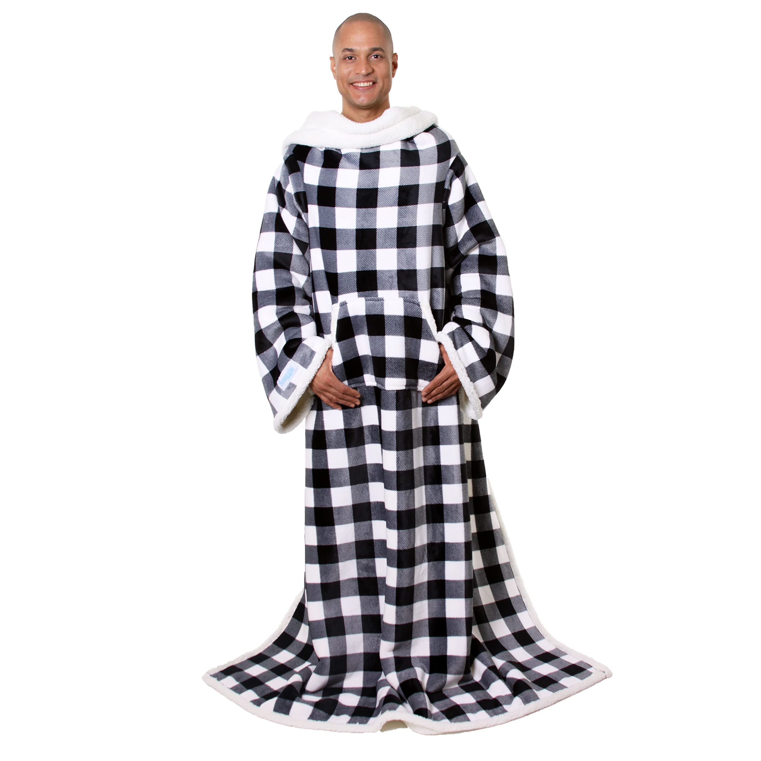 Snuggie Sherpa The Original Wearable Blanket With Sleeves For Adults| Functional Warm & Cozy Super Soft Black & White Buffalo Plaid