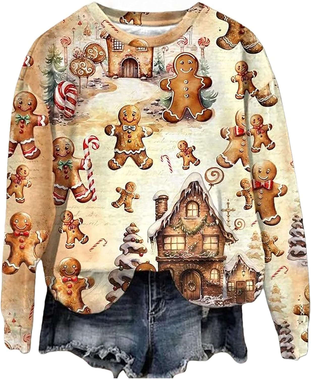 Women Christmas Cartoon Fun Gift Casual Sweatshirt Xmas Novelty Christmas Light Casual Pullover Fall Sweatshirt Apricot3 Medium