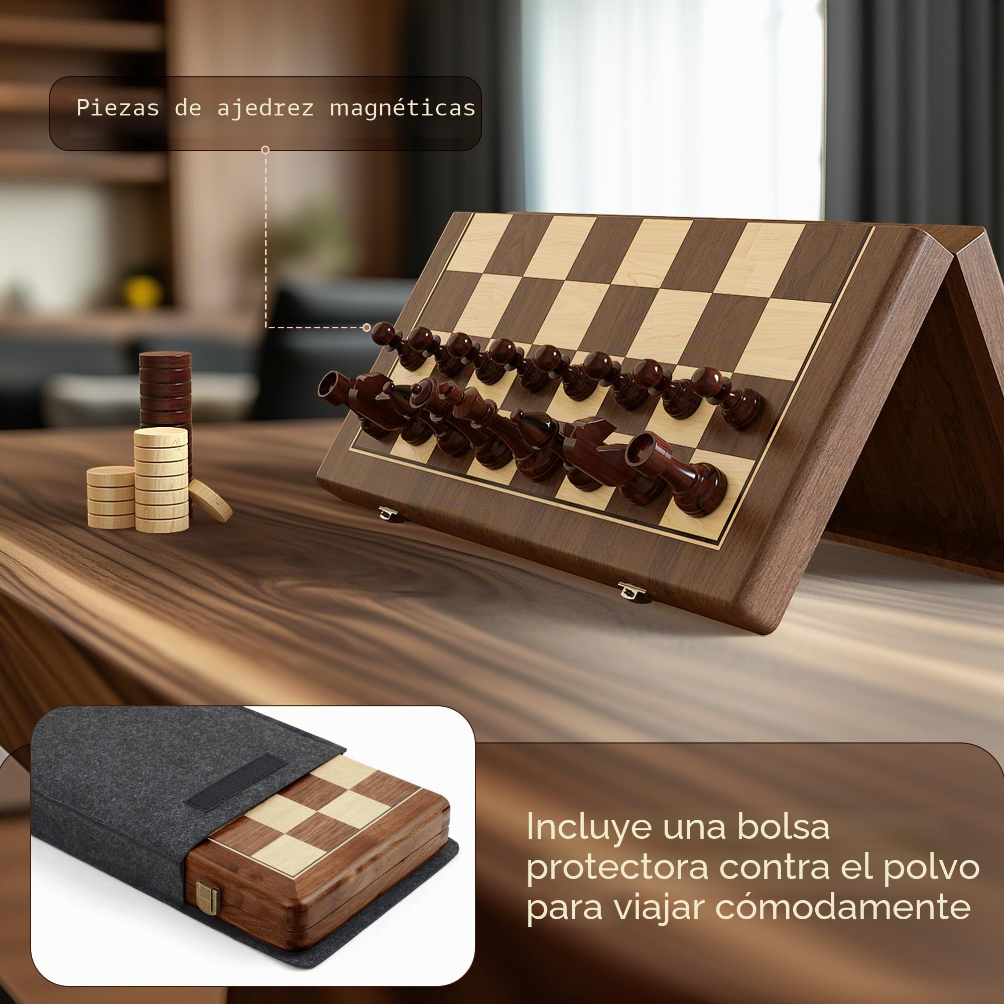 Juego Premium de Ajedrez y Damas Magnético de Nogal de 38 cm - Tablero de Juego de Madera Plegable 2 en 1 con Figuras Staunton, 2 Damas Adicionales, Fichas y Bolsa para el Polvo