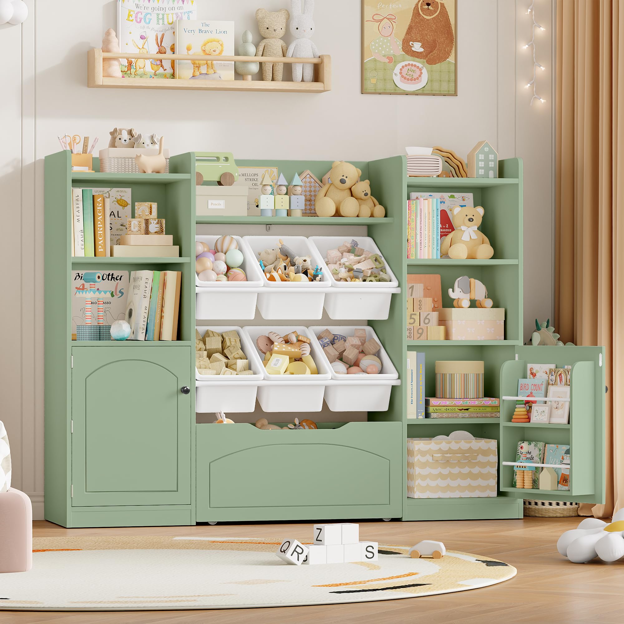 FOREHILL Kinderregal mit 6 Boxen Kinderzimmer Möbel mit Kinderbücherregal Spielzeugregal aus Holz Spielzeug Organizer mit Aufbewahrungsbox Regal für Kinderzimmer 140,5x33x108,2 cm