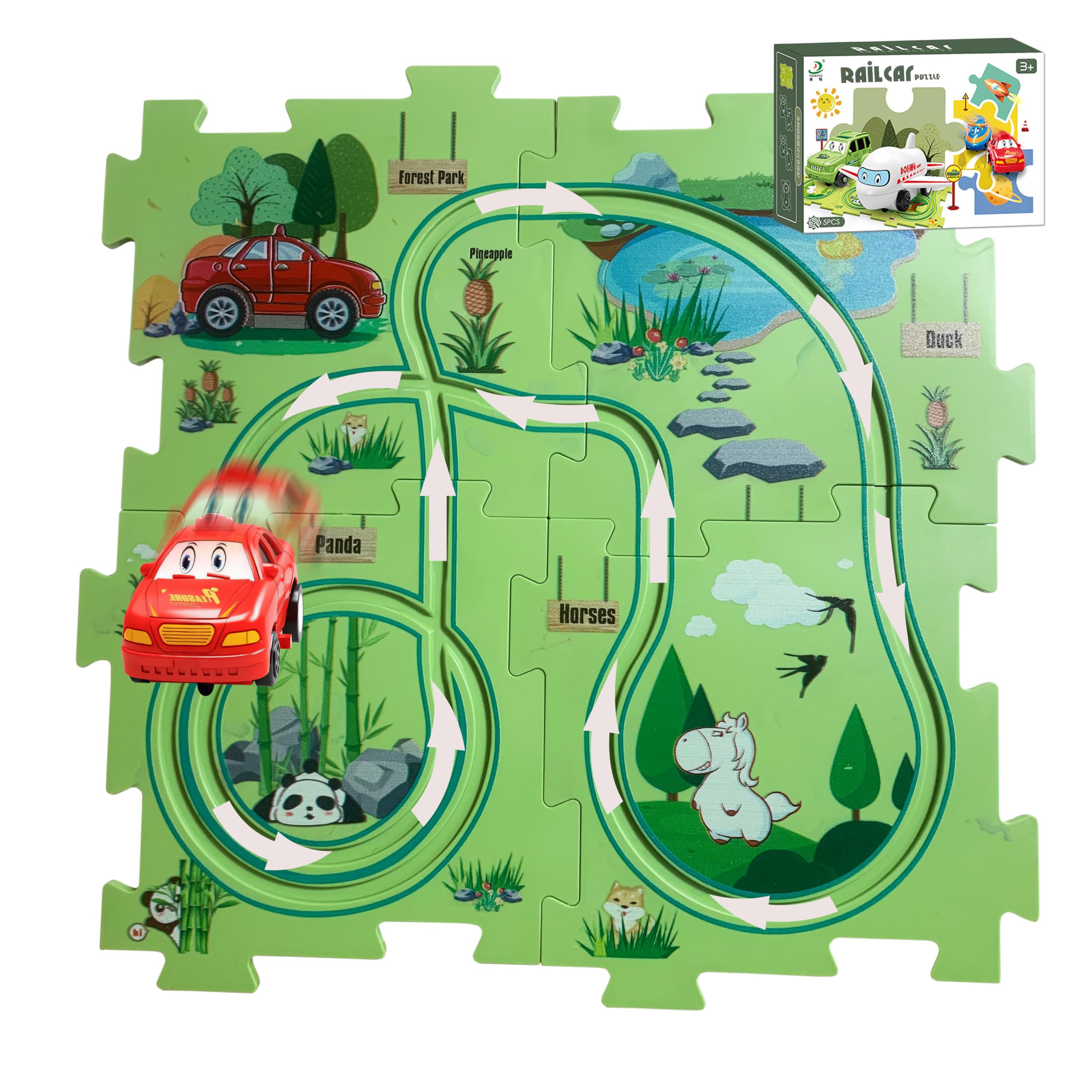 LIHBCAIYI Puzzle Track Car Play Set for Kids Ages 3-6,Toddler Toys Rail Car 5PCS Racer Puzzle Board for 3 Year Old Boy Girls,Toys for Ages 3-5 4-6 Gifts