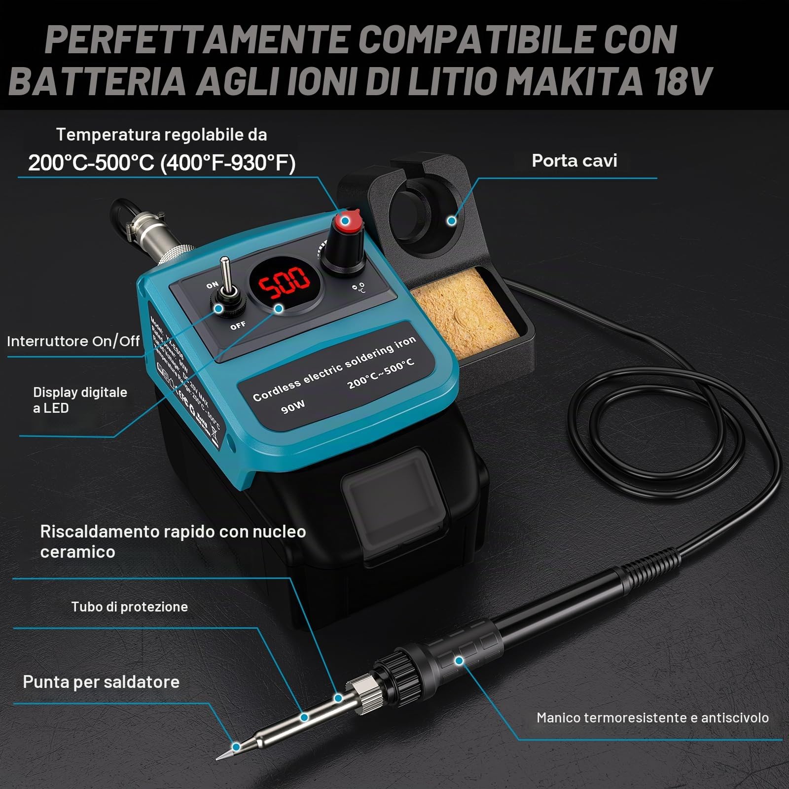 Set di saldatore senza fili per batteria Makita 18 V LXT, 90 W LED digitale, pistola saldante con 5 punte, filo di saldatura da 0,04", per ogni appassionato di hobby (batteria non inclusa)