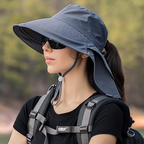 Miniatura 4 de FEOYA Sombrero de sol para mujer con solapa en el cuello, agujero para cola de caballo, ala ancha, UPF 50+, sombrero de safari para senderismo