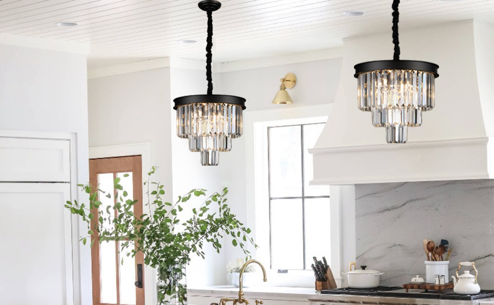 Image of Small Black Crystal Chandelier 16 inch Modern Dining Room Pendant Light island