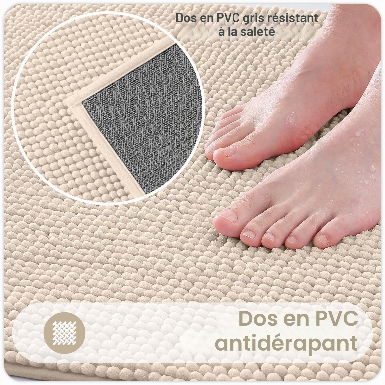 Homaxy Tapis de bain en chenille, antidérapant, doux, absorbant, pour la salle de bain, 40 x 60 cm, couleur: beige