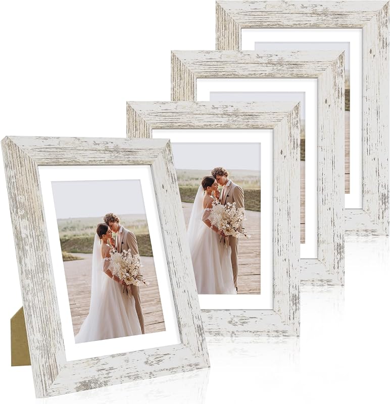 Hongkee 5x7 Picture Frame Set of 4, Made of Real Glass and Distressed White Wooden Frame, 5 by 7 Photo for Wall or Tabletop - Display Picture 4x6 with Mat or 5x7 Without Mat