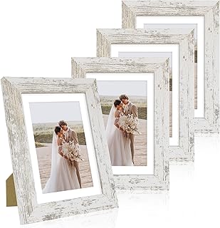 5x7 Picture Frame Set of 4, Made of Real Glass and Distressed White Wooden Frame, 5 by 7 Photo for Wall or Tabletop - Display Picture 4x6 with Mat or 5x7 Without Mat