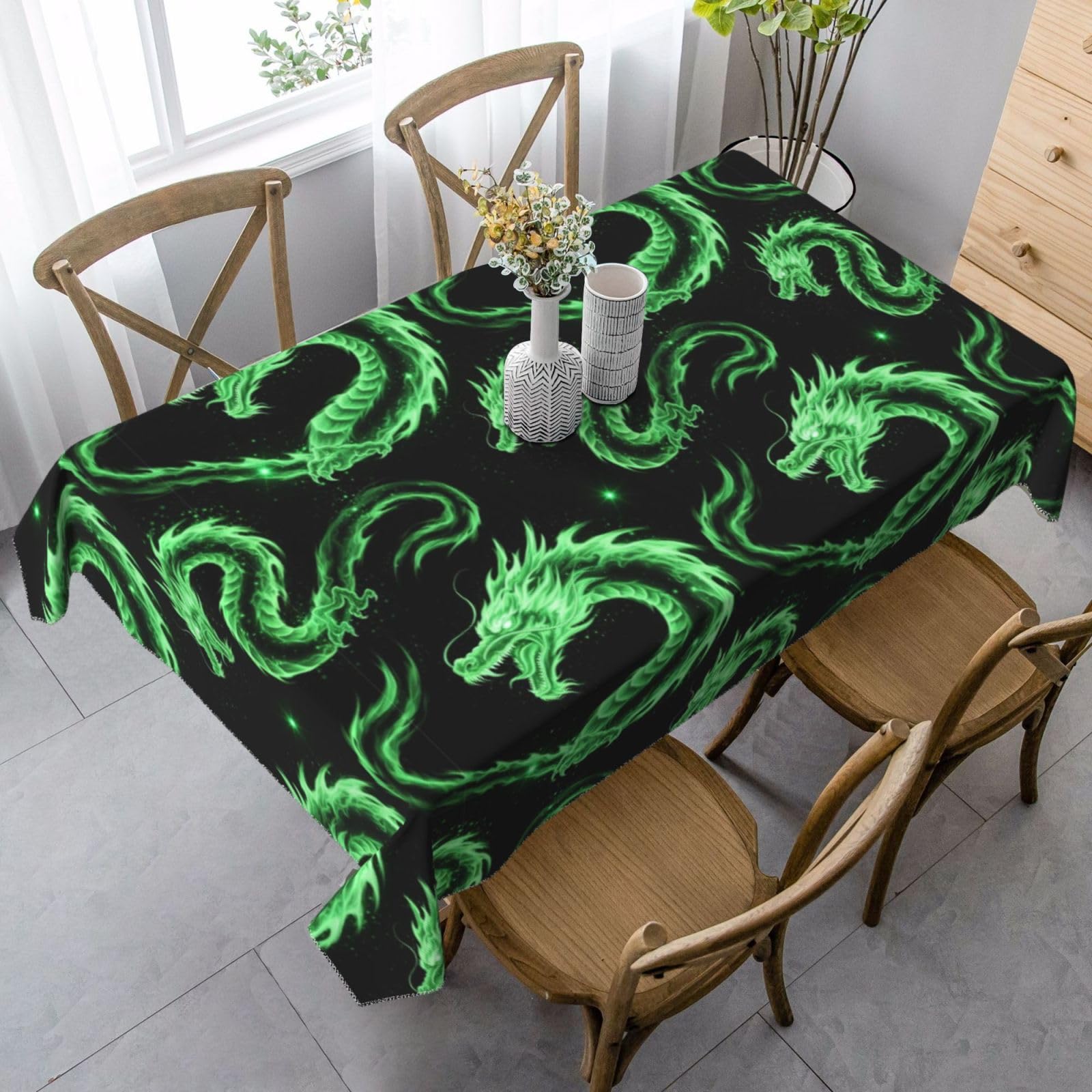 Nappe dragon de feu noir et vert 137x183 cm rectangulaire lavable
