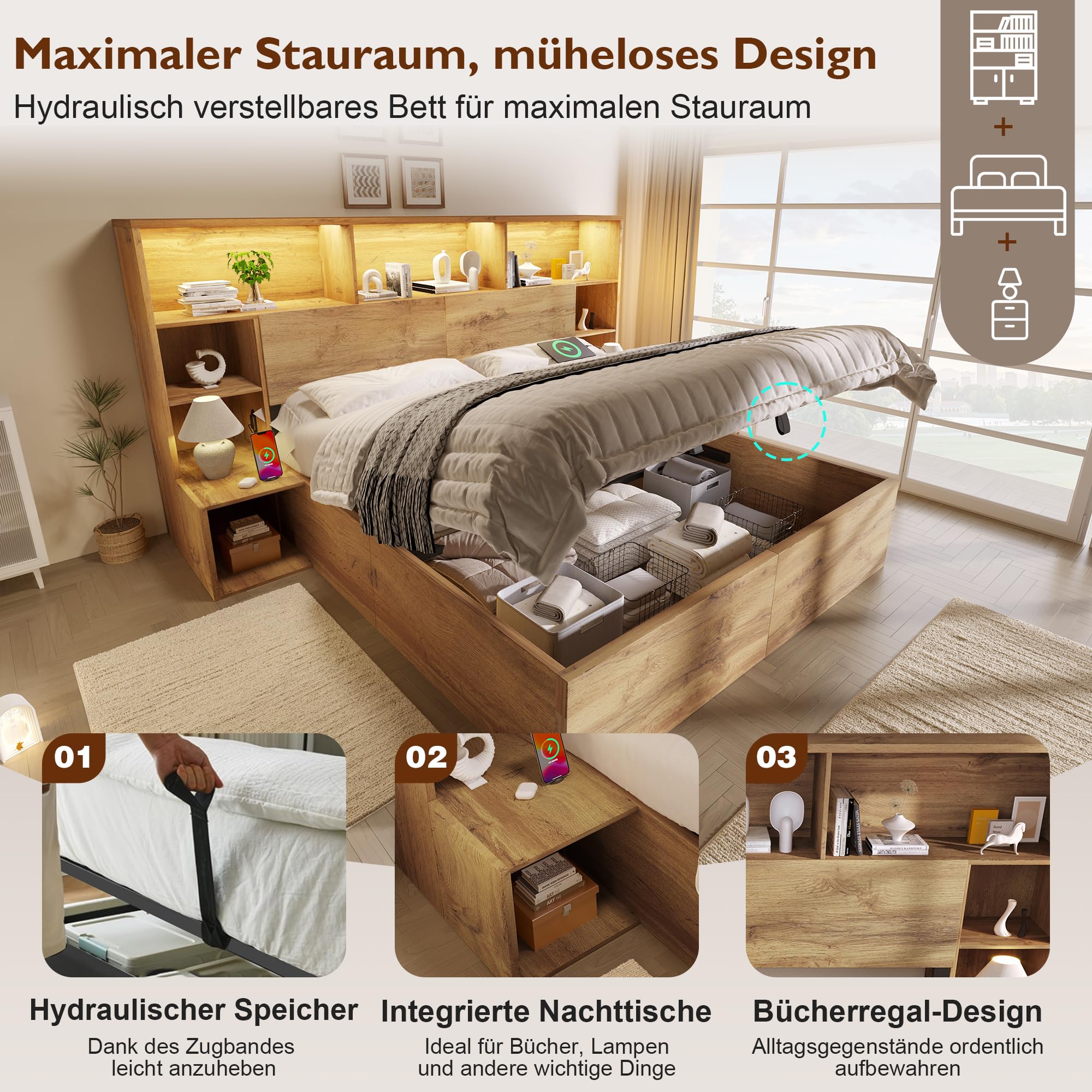 Kebnor Letto di sistema, effetto rovere con idraulico, letto matrimoniale in legno con comodini integrati, struttura del letto con rete a doghe e testiera, LED & USB-C, senza materasso (160 x 200 cm)