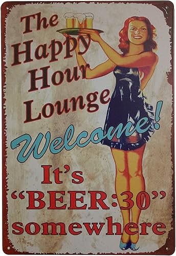 ERLOOD Letrero de metal con decoración retro vintage de 12 x 8 pulgadas con texto en inglés "The Happy Hour Lounge Welcome!"