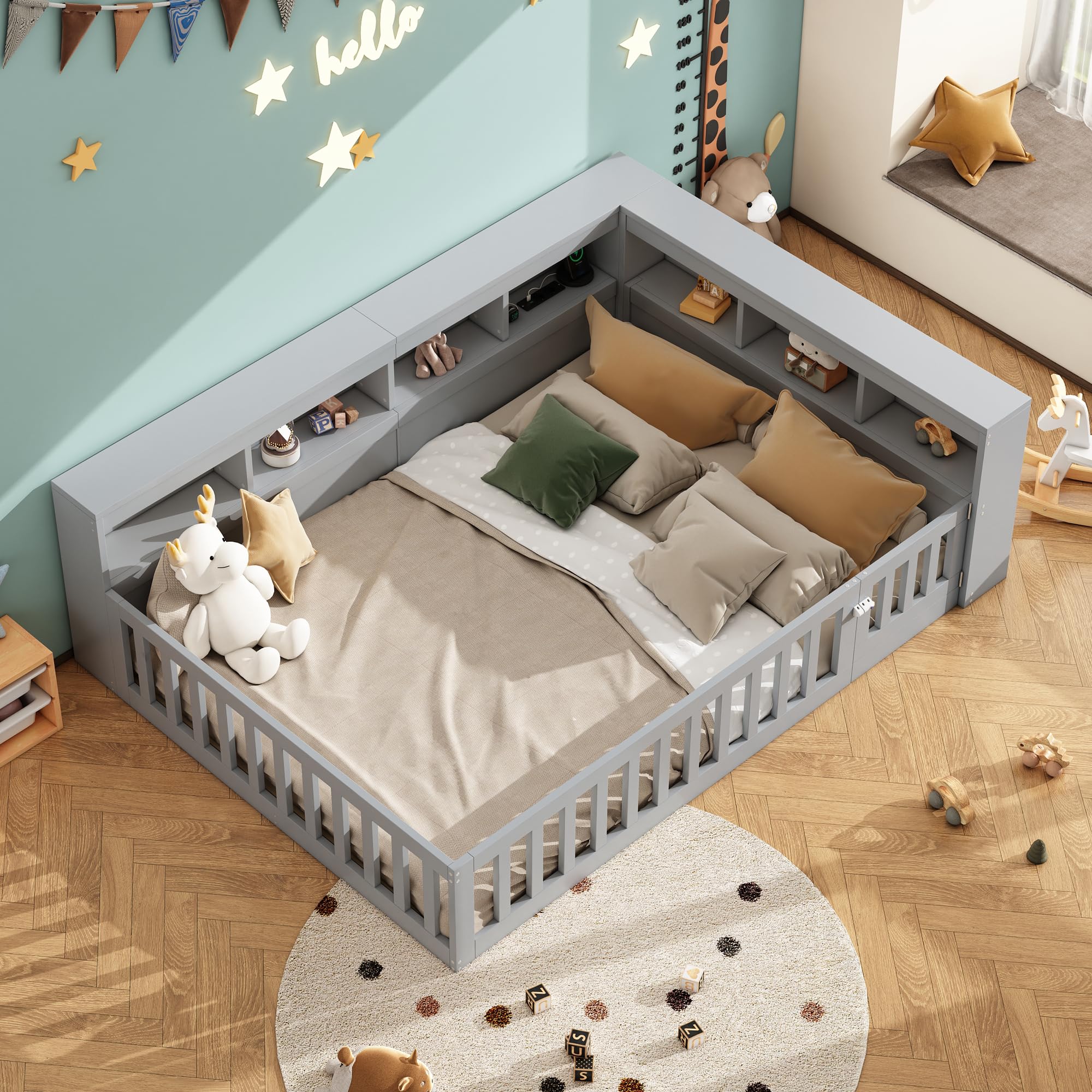 LAKFEW Bodenbett 140x200 cm Kinderbett mit Rausfallschutz und USB-Anschluss, Bett mit Stauraum Staufach, Jugendbett Holzbett mit Lattenrost, Kinderzimmer Möbel, Ohne Matratze, Grau