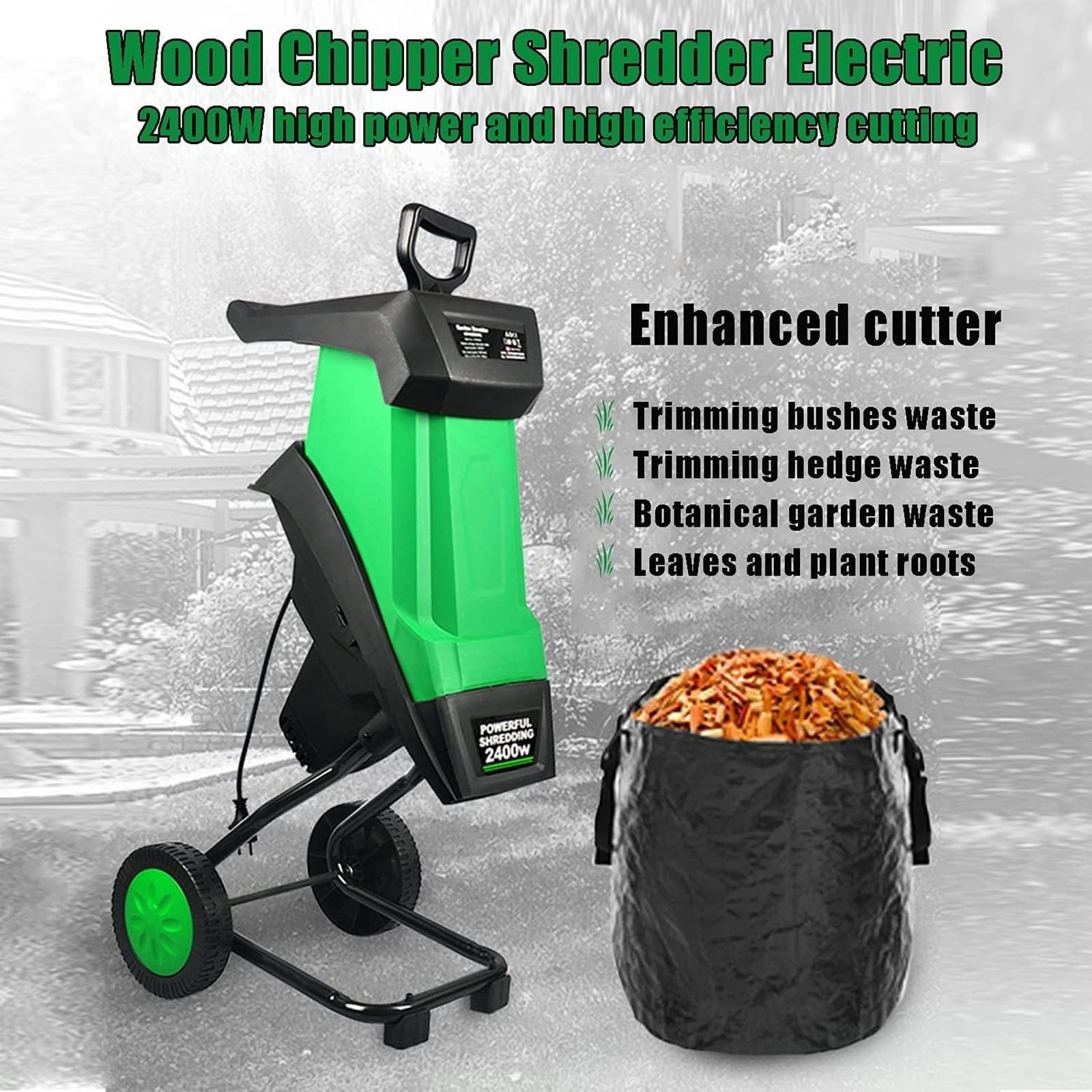 Biotrituradora Eléctrico De 2400w, Rama De Mulcro De Hoja De 4500 Rpm Rama De Compost Con Ruedas Y Bolsa De Escombros De 50l, Astilladora De Madera Multifuncional Para Herramienta De Limpieza