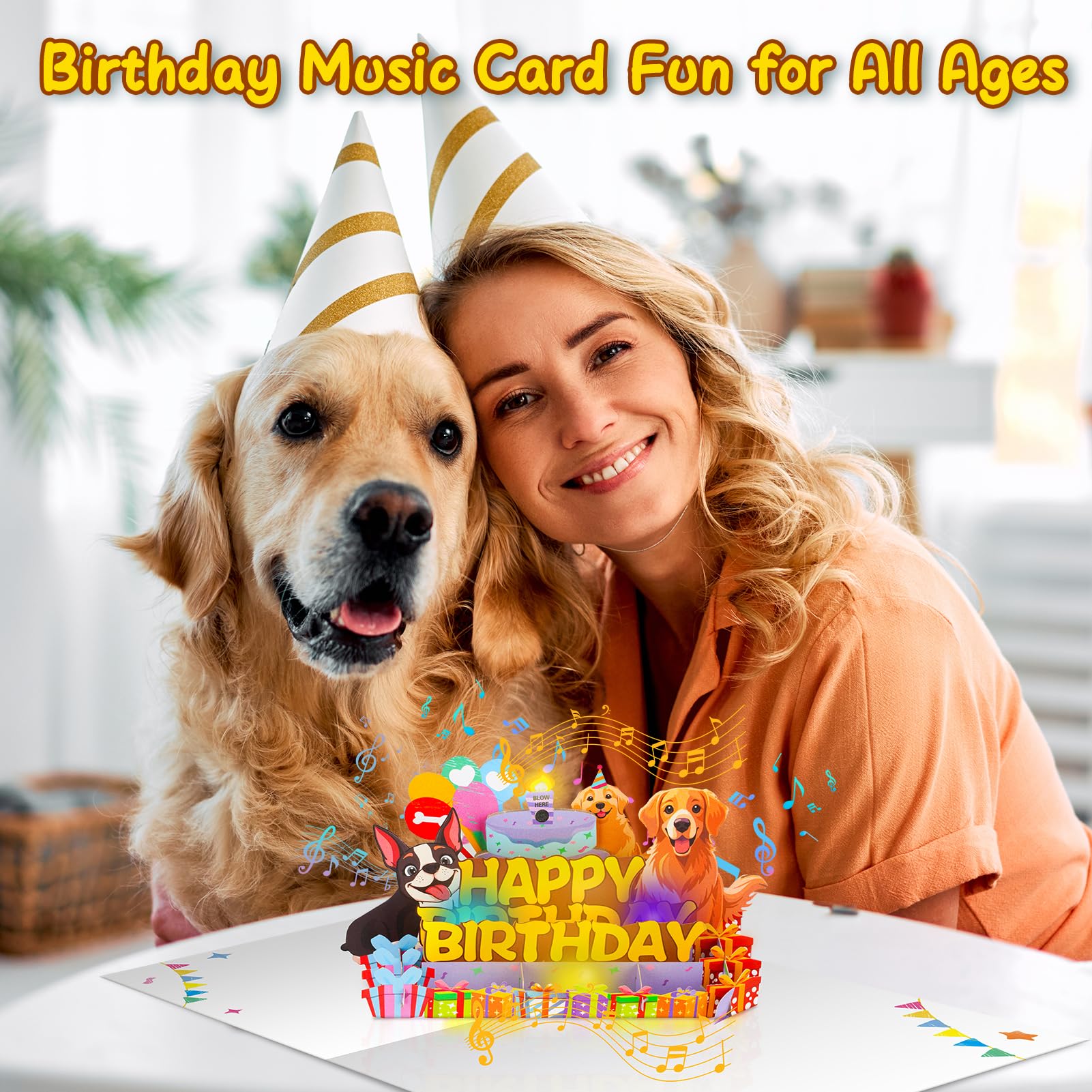 Turypaty Hunde-Geburtstagskarten, Pop-Up-3D-Kuchen, Musik und ausblasendes Kerzenlicht, Hundeliebhaber-Grußkarte, lustige niedliche Welpen-Geburtstagskarte, Geschenke für Männer, Frauen, Jungen