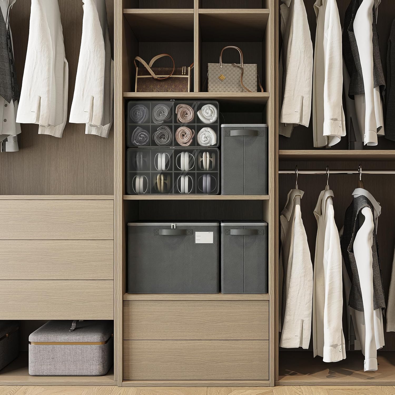 Varhomax Shoe Organizer Box for Closet, Small Fabric Shoe Storage Bin with Adjustable Dividers & Clear Cover, Saving Space Sneakers & Sandals Containers for Entryway, Cubby - Gray 3 Pack