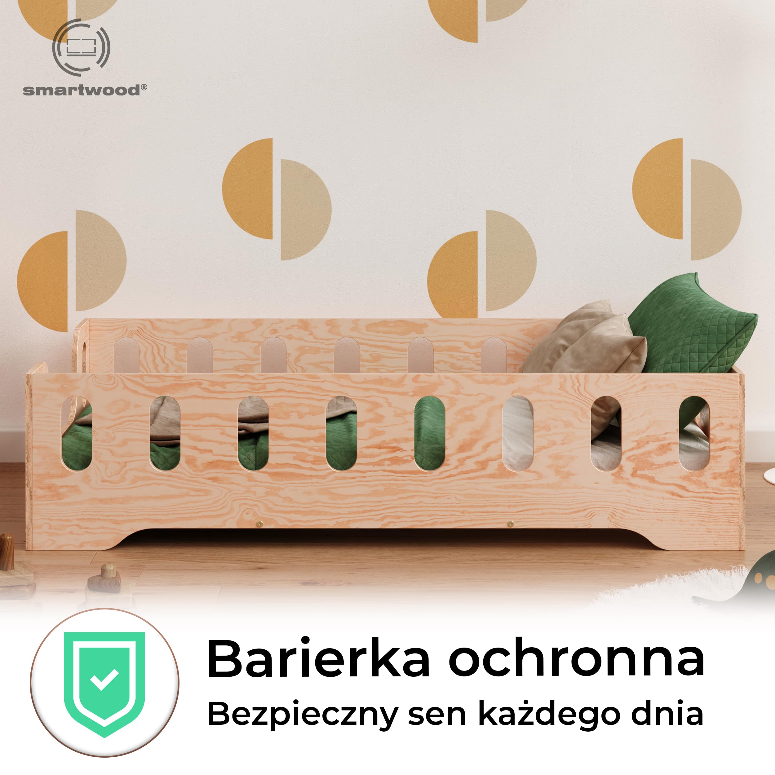 smartwood Łóżko podłogowe 60x120 z barierką, Drewno, Naturalne, TILA 2B | Łóżko dziecięce Montessori, nośność stelaża do 230 kg, certyfikowane FSC, zaokrąglone krawędzie, łatwy montaż, od 3 lat