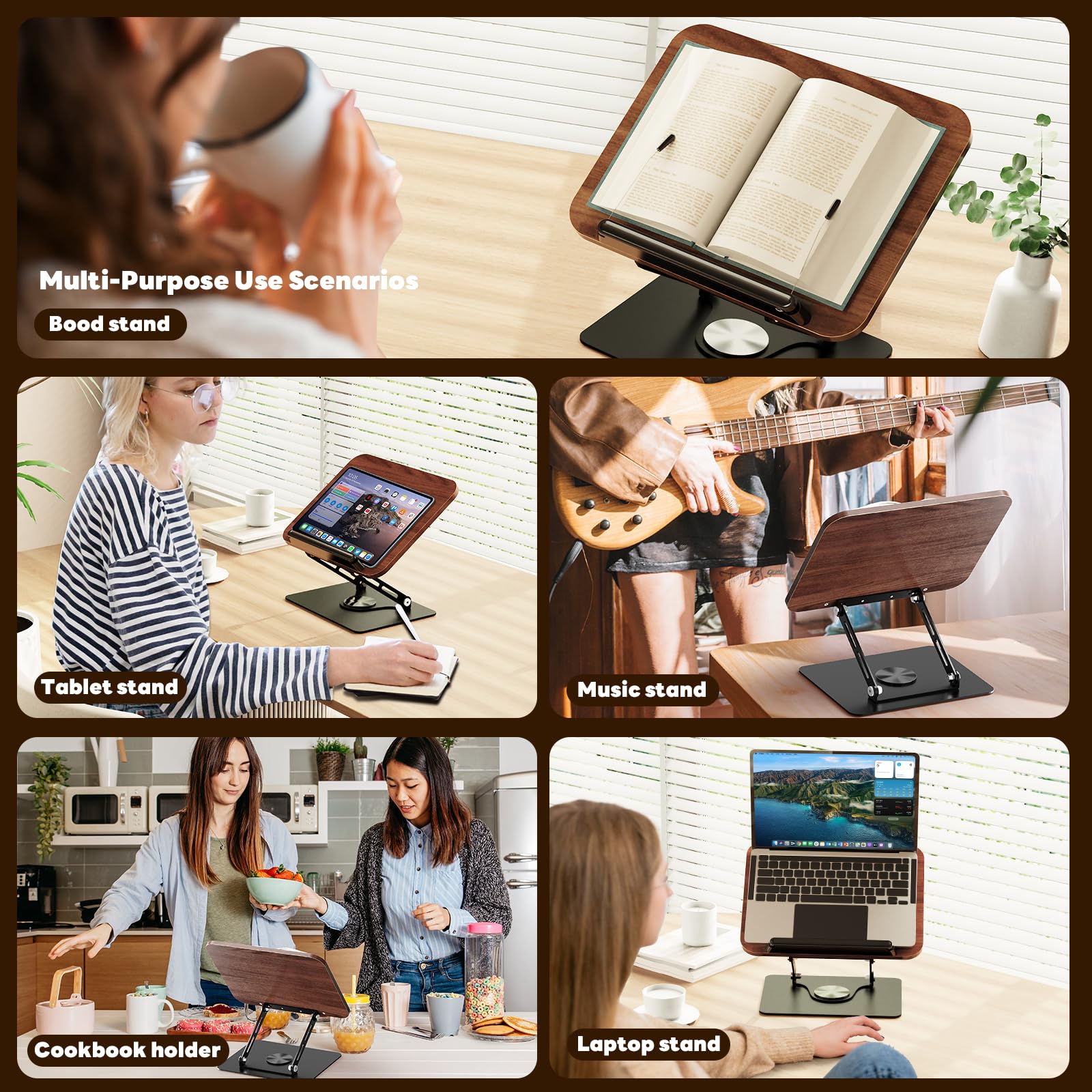 Abiglifty Book Stand for Reading Adjustable Book Holder with 360 Rotating Base Foldable Book Holder Stand for Cookbook — view 3