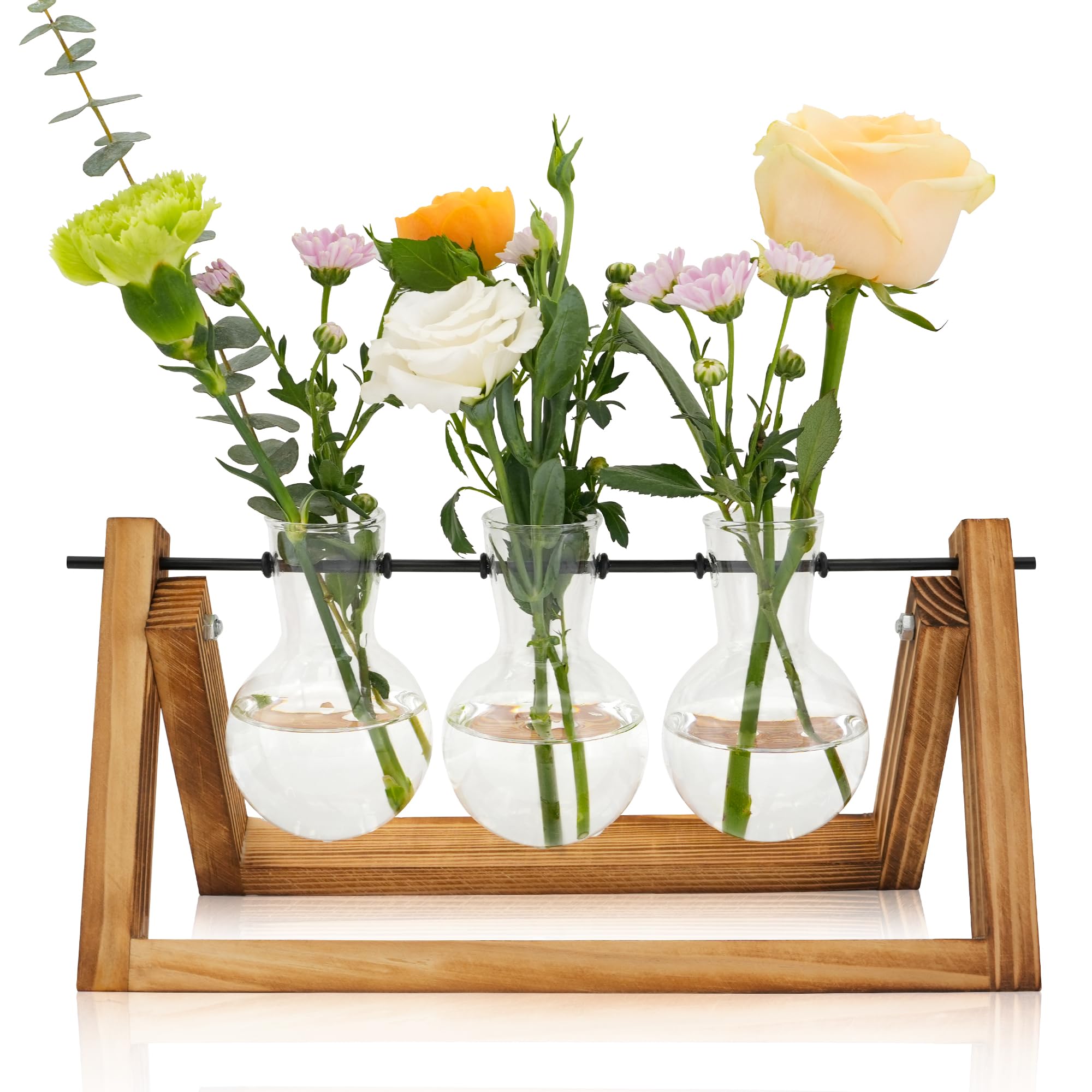 GOMALL Plant Propagation Station with Wooden Stand,Mothers Day Plant Gifts for Mom,Plant Lovers,Birthday Gifts for Women,Plant Terrarium for Home Office Mothers Day Decorations-3 Bulb Vases