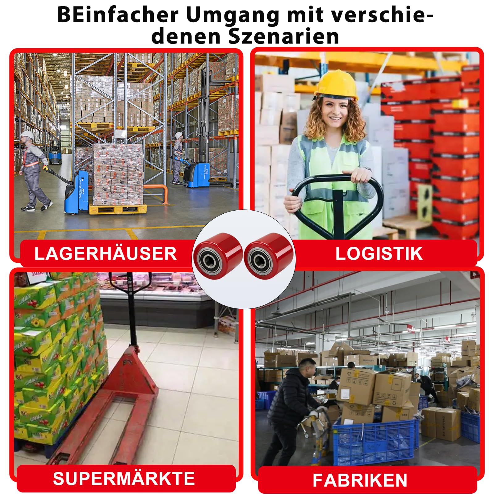 2 Stück Hubwagen rollen Polyurethan 80 x 70 mm,Achse 20 mm,Max 600 KG,Rot | Hubwagen Räder Gabelhubwagenrolle Lastrolle mit kugellager,Schont den Boden, läuft leichtgängig und geräuscharm,Ersatzrolle