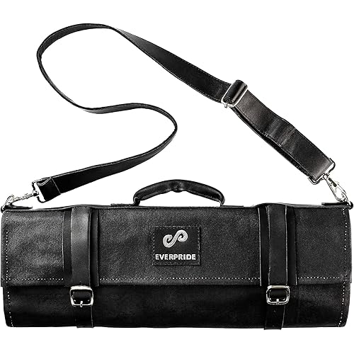 EVERPRIDE Chef Knife Roll Bag Holds 12 Knives and Cooking Tools – Durable, Large Knife Case Made of Canvas and Genuine Leather – Elegant Chef Bag for Professional Cooks – Knives Not Included