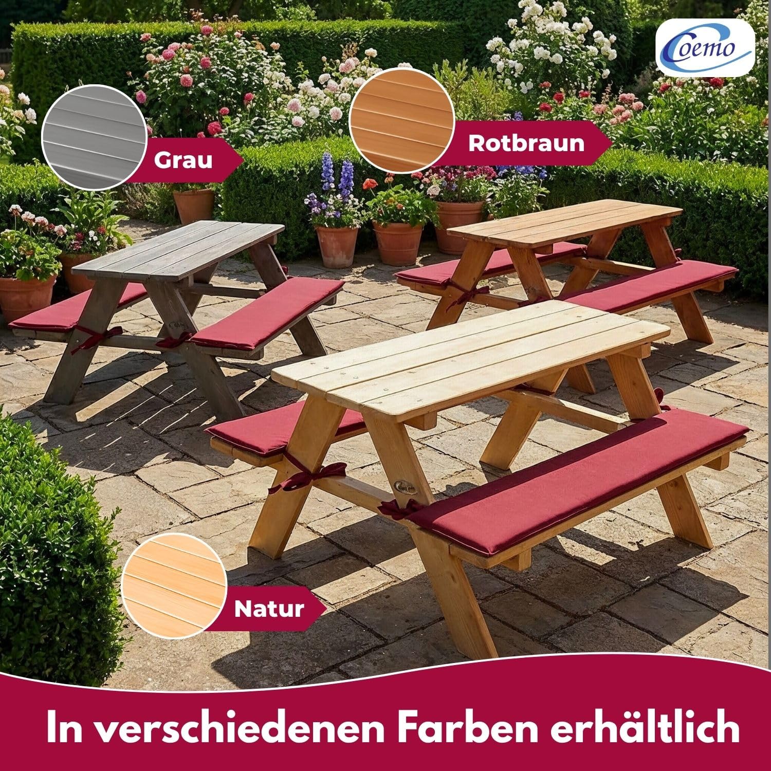 Coemo Robuste Kinder-Sitzgarnitur Outdoor mit 2 Polster Picknicktisch Kindersitzgruppe Kindertisch für Garten und Balkon Spieltisch Gartentisch Holz (Rotbraun, 89x79x50cm)