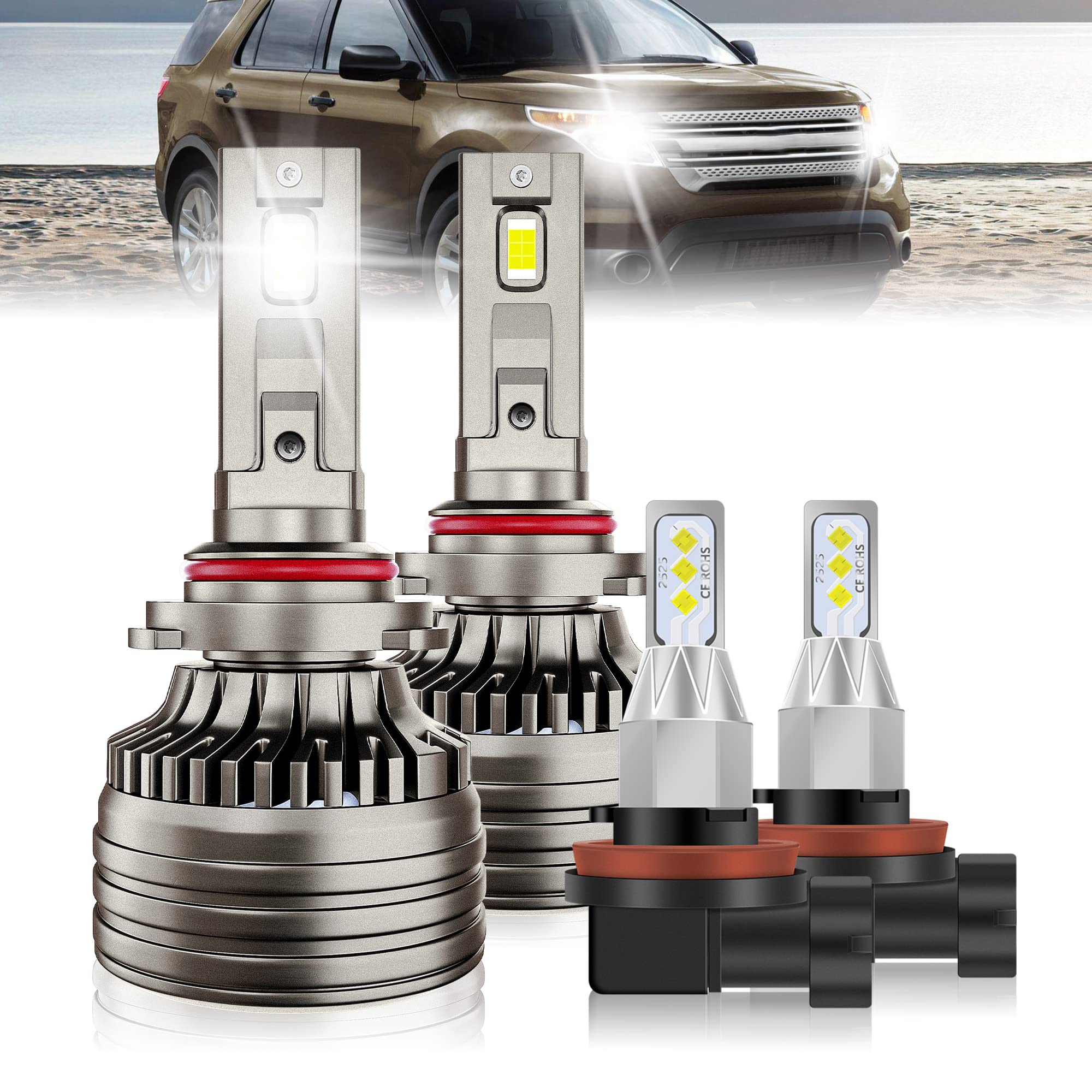 TXBILMOO Fit For FORD EXPLORER (2011-2015) LED Headlight Bulbs, 9005/HB3 High/Low Beam + H11 LED Fog Light Bulbs, Plug and Play LED Headlights, 6000K Cool White 600% Brightness, Pack of 4