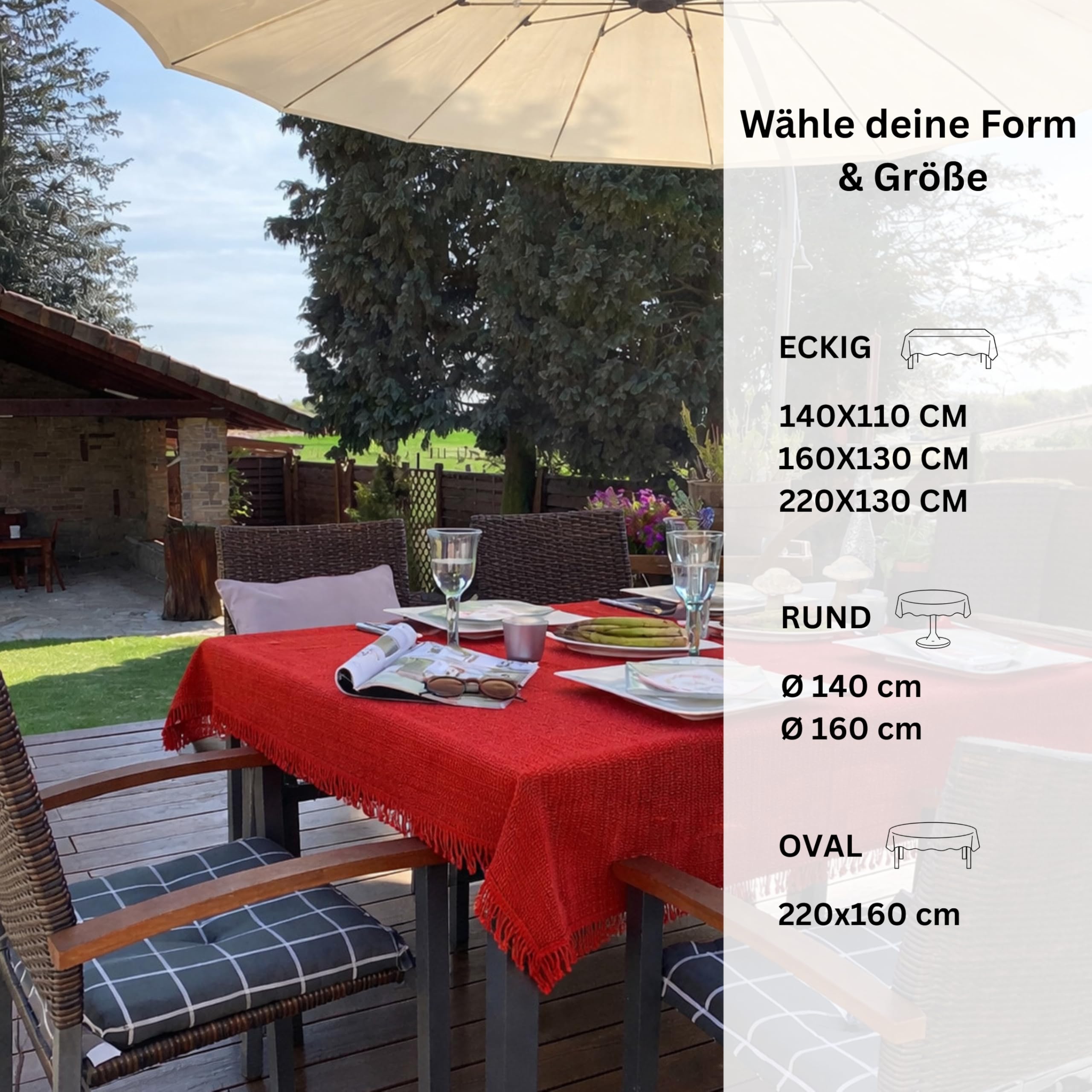 Brandsseller Tovaglia da giardino 110x140 cm Tela con frange Biancheria da tavola esterno rettangolare schiumata per giardino, terrazza, balcone resistente alle intemperie antiscivolo - Rosso