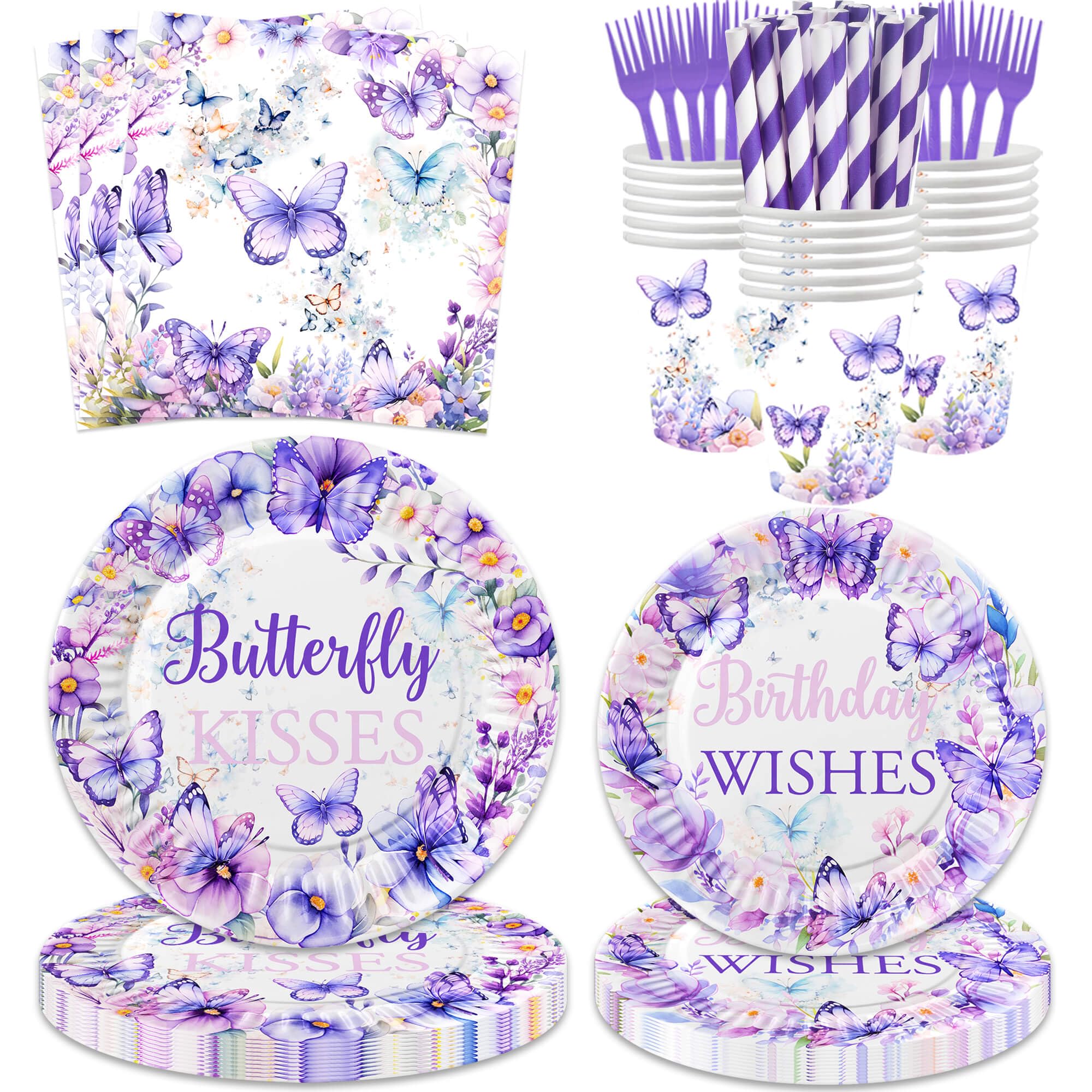 120 Pcs Butterfly Kisses Birthday Wishes Party Supplies Girl Purple Spring Butterfly Birthday Decoration Includes Paper Plates Napkins Cups Straws
