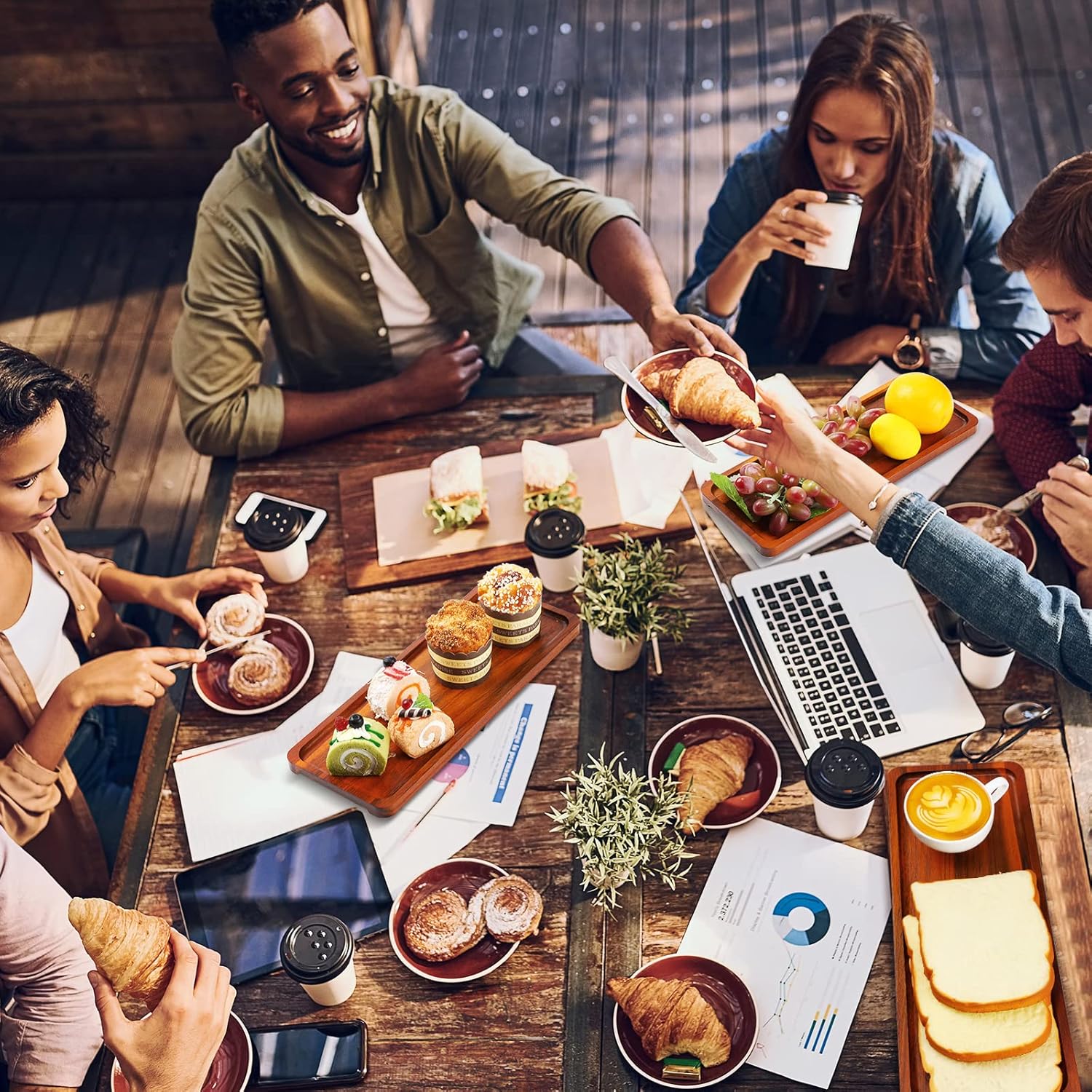 Skylety 15 Pack Solid Wood Serving Tray Large Acacia Party Server Platter Rectangular Charcuterie Board with Grooved Handle for Home kitchen Cheese Appetizer Farmhouse Table Supplies (13.8 x 5.4 Inch) - Image 3