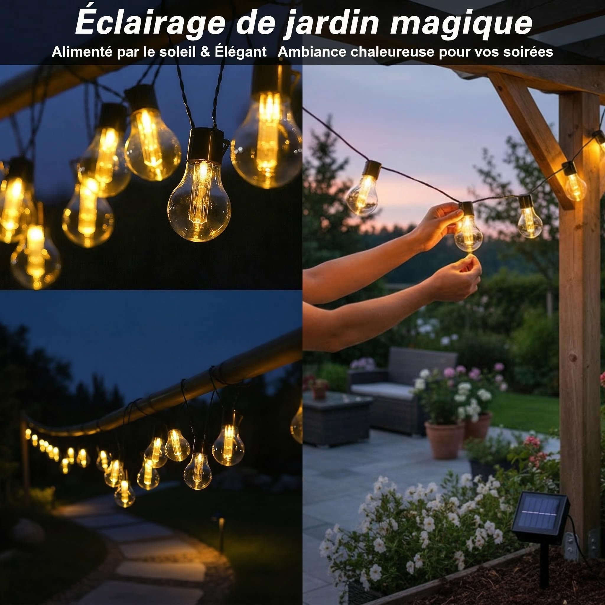 Guirlande Lumineuse Extérieure Solaire, 9M 20 LED Guirlande Guinguette Solaire et Rechargeable USB, 8 Modes Étanche Éclairage d'Ambiance pour Jardin, Balcon, Terrasse, Fête (Blanc Chaud)